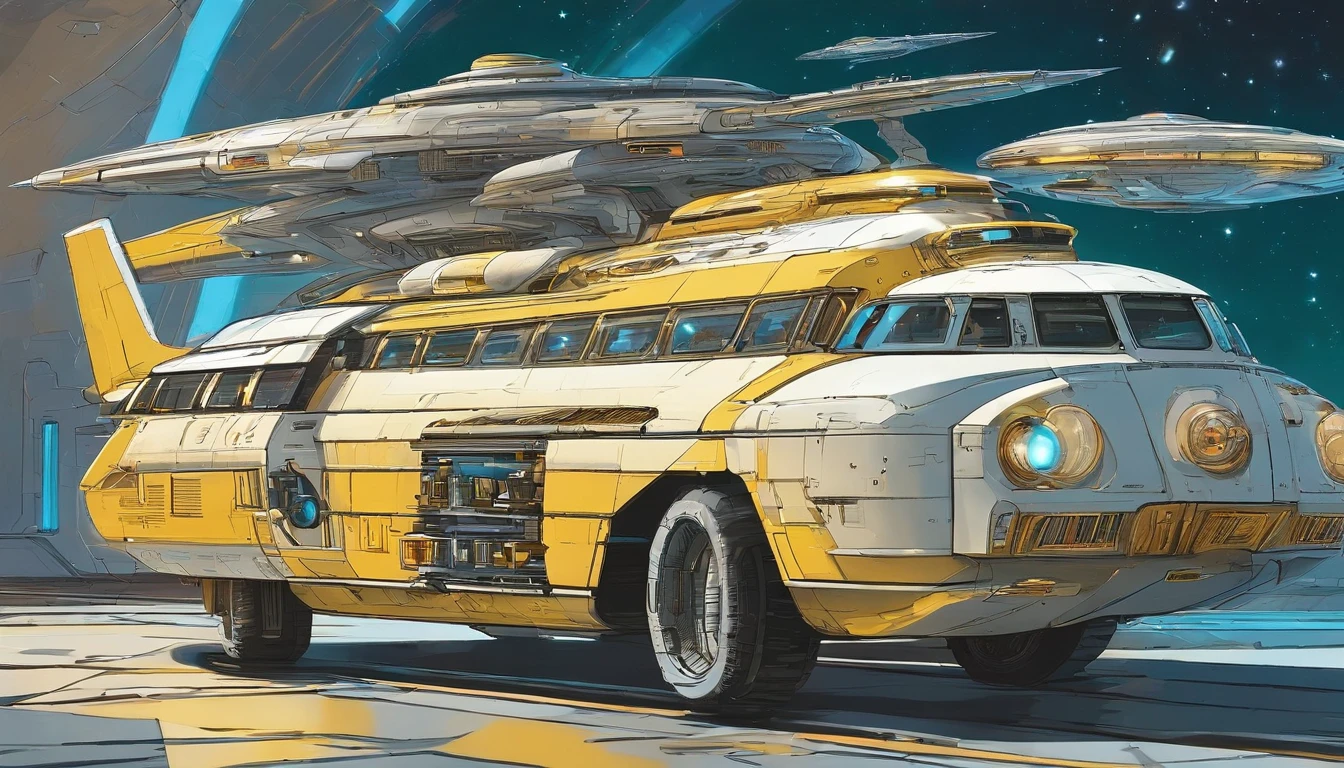 At the center is a starship, that has primary colors that are dark gold, metallic forest green& light blue accents,+ 2 white goblet nacelles,elegantly angled at 75°, emit a mesmerizing dark yellow light.Blending the styles of Gerry & Sylvia Anderson.There's a top section that's an industrial blocky version of British 1960s Tour Bus, as an industrial wired circular base. It orbits Earth & is between the Earth& moon.