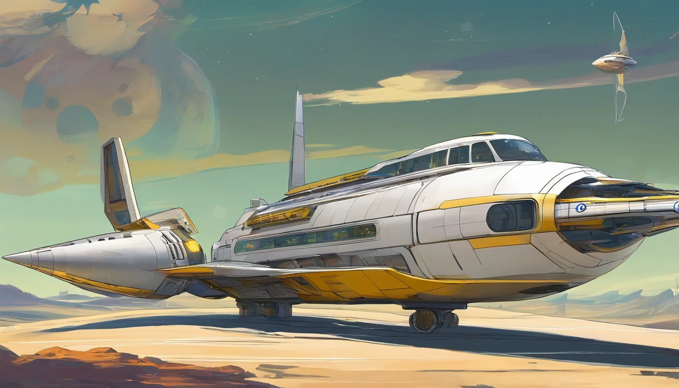 At the center is a starship, that has primary colors that are dark gold, metallic forest green& light blue accents,+ 2 white goblet nacelles,elegantly angled at 75°, emit a mesmerizing dark yellow light.Blending the styles of Gerry & Sylvia Anderson.There's a top section that's an industrial blocky version of British 1960s Tour Bus, as an industrial wired circular base. It orbits Earth & is between the Earth& moon.