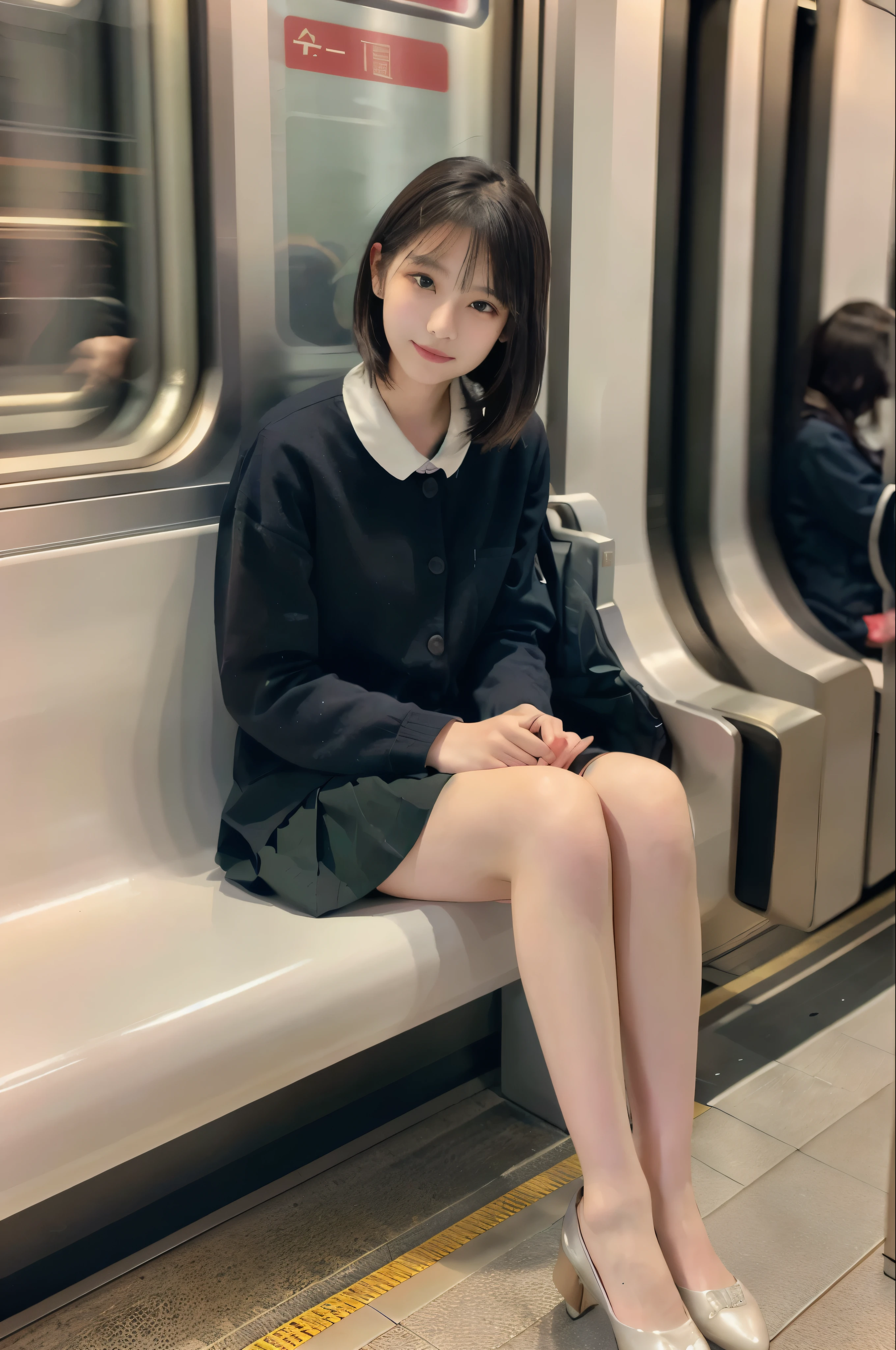 "(Masterpiece, High Definition, Ultra High Definition, 4K) Black Short hair, 18 years old Japan girl, uniform skirt, emphasizing thighs, white thighs, soft thighs, glossy thighs, sitting on the train, face-to-face angle, (angle from below),sitting in the train seat,Sitting in front,Zoom camera in the crotch,Feet on the train floor,Full body,Looking down and sleepy,Looking at the viewer only", best quality, ultra high definition, (photorealistic:1.4),, high resolution, detail, raw photo, sharp re, Nikon D850 film stock photo by Lee Jefferies 4 kodak portra 400 camera f1.6 lens rich colors hyper realistic lively textures dramatic lighting unreal engine artstation trends cinestir 800,
