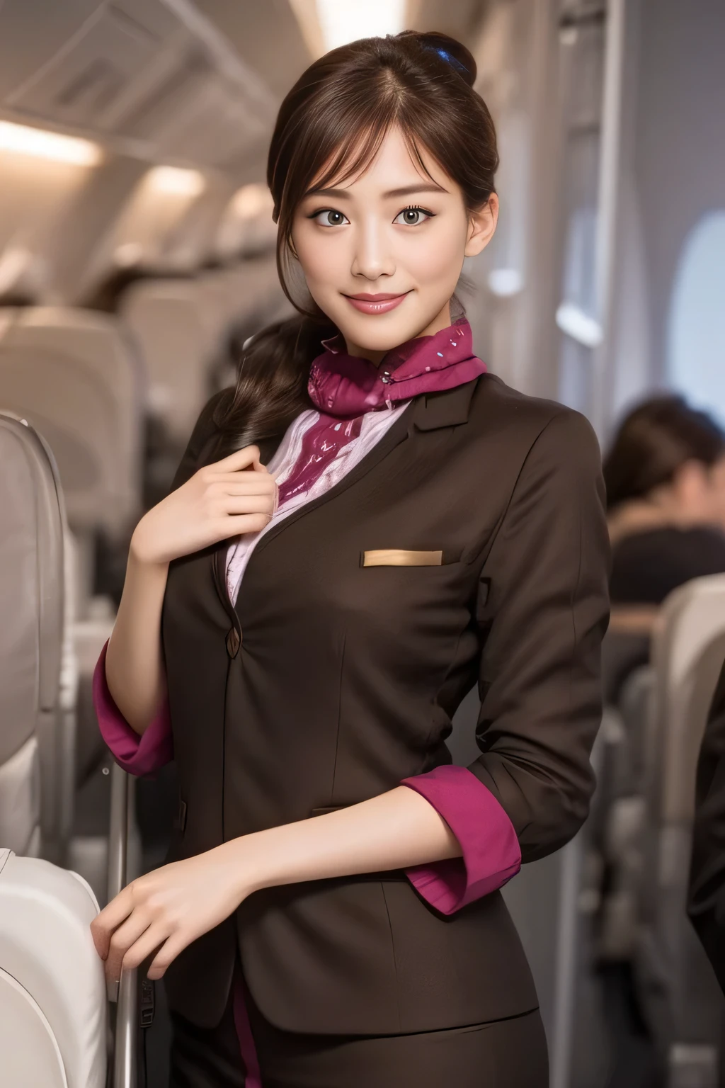 (masterpiece:1.2、highest quality:1.2)、32K HDR、High resolution、(alone、1 girl、Slim figure)、（A realistic reproduction of the ETIHAD Airways Cabincrew Uniform）、 (On board, Professional Lighting)、Background on board、A proper woman, Beautiful Face,、（Long sleeve ETIHAD Airways Cabincrew Uniform）、（ETIHAD Airways Cabincrew Uniform skirt with purple stripe on the front）、（scarf on chest）、Big Breasts、（Long Hair Up、Hair Bun）、Dark brown hair、Long Shot、（（Great hands：2.0））、（（Harmonious body proportions：1.5））、（（Normal limbs：2.0））、（（Normal finger：2.0））、（（Delicate eyes：2.0））、（（Normal eyes：2.0））)、Beautiful standing posture、smile、Place your hands around your stomach