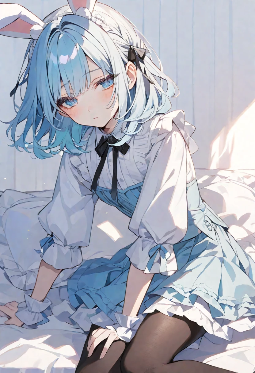 solo, handsome, 1. Female,Straight medium hair, Light blue hair,Light Blue eyes,Soft look,White bunny ears,ta,mini skirt,tights,Stylish,skin, sleepy ,bed,White background
