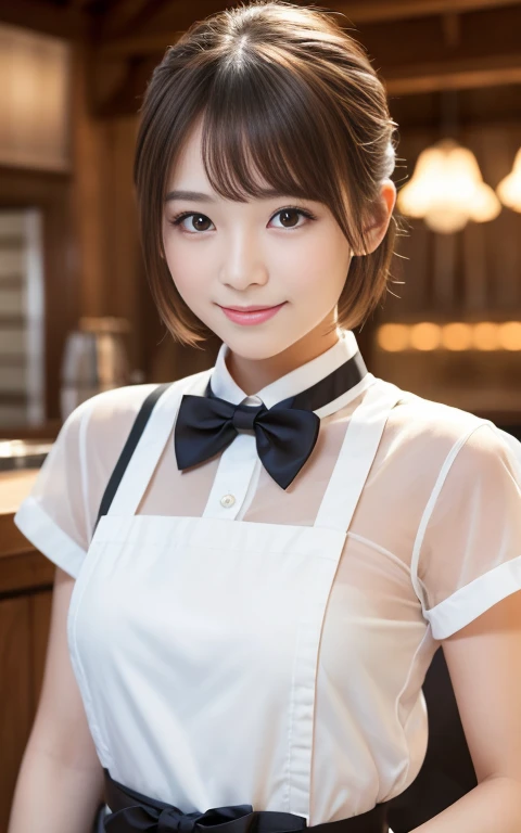 Cute 21 year old Japanese、apron, Black bow tie、Waiter、Cafe、Super detailed face、Pay attention to the details、double eyelid、Beautiful thin nose、Sharp focus:1.2、Beautiful woman:1.4、(Light brown hair,short hair、),Pure white skin、highest quality、masterpiece、Ultra-high resolution、(Photorealistic:1.4)、Highly detailed and professional lighting、nice smile、Please show me your whole body、