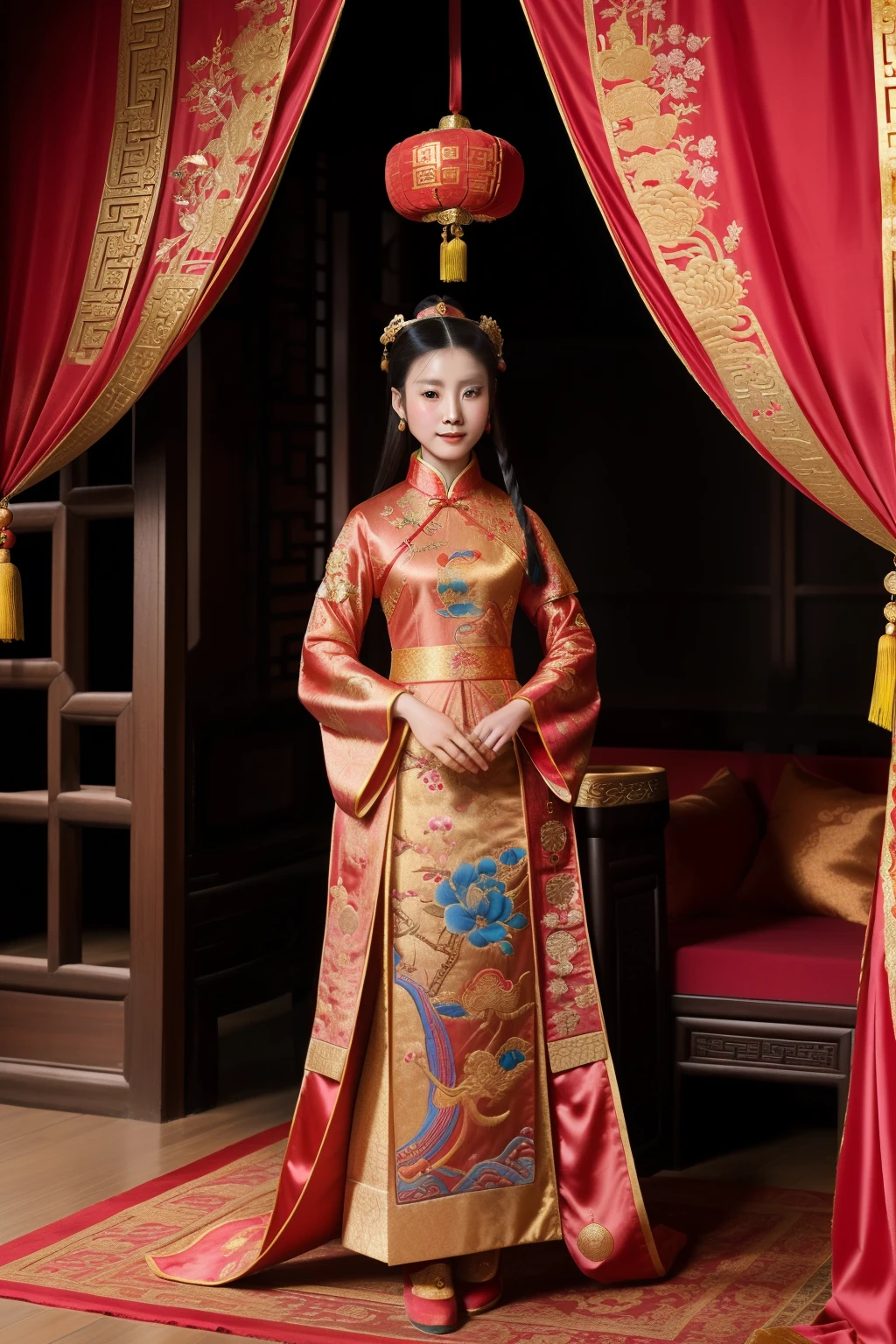 China, 1491. A young ((Zhang Empress)), in a luxurious palace, ((((chinese royal clothings from the 1490s)))), ((hairstyle of the 1490s)), ((colorful, luminous))