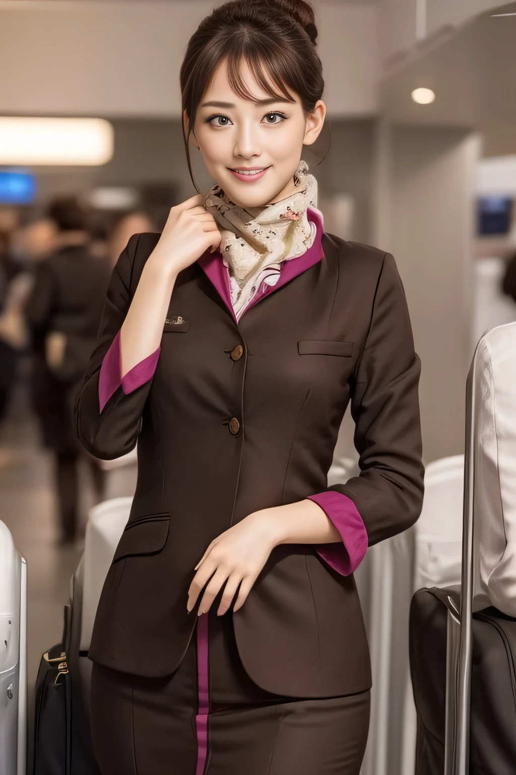 (masterpiece:1.2、highest quality:1.2)、32K HDR、High resolution、(alone、1 girl、Slim figure)、(A realistic reproduction of the ETIHAD Airways Cabincrew Uniform)、 (At the airport counter, Professional Lighting)、Airport counter wall background、A proper woman, Beautiful Face,、(Long sleeve ETIHAD Airways Cabincrew Uniform)、(ETIHAD Airways Cabincrew Uniform skirt with purple stripe on the front)、(scarf on chest)、Big Breasts、(Long Hair Up、Hair Bun)、Dark brown hair、Long Shot、((Great hands:2.0))、((Harmonious body proportions:1.5))、((Normal limbs:2.0))、((Normal finger:2.0))、((Delicate eyes:2.0))、((Normal eyes:2.0)))、Beautiful standing posture、smile、Place your hands around your stomach