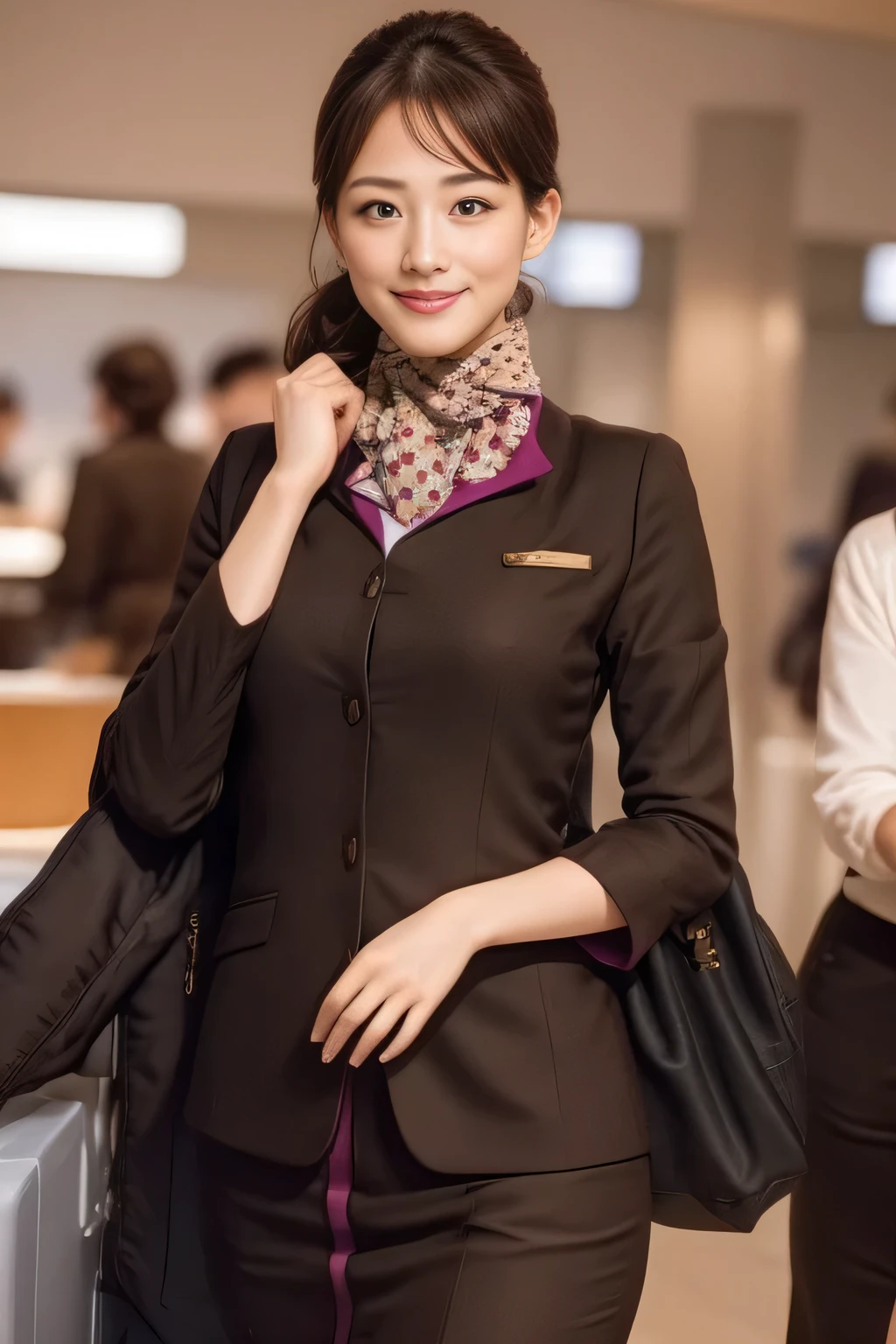 (masterpiece:1.2、highest quality:1.2)、32K HDR、High resolution、(alone、1 girl、Slim figure)、（A realistic reproduction of the ETIHAD Airways Cabincrew Uniform）、 (At the airport counter, Professional Lighting)、Airport counter wall background、A proper woman, Beautiful Face,、（Long sleeve ETIHAD Airways Cabincrew Uniform）、（ETIHAD Airways Cabincrew Uniform skirt with purple stripe on the front）、（scarf on chest）、Big Breasts、（Long Hair Up、Hair Bun）、Dark brown hair、Long Shot、（（Great hands：2.0））、（（Harmonious body proportions：1.5））、（（Normal limbs：2.0））、（（Normal finger：2.0））、（（Delicate eyes：2.0））、（（Normal eyes：2.0））)、Beautiful standing posture、smile、Place your hands around your stomach