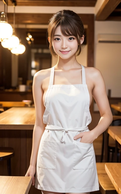 Cute 21 year old Japanese、Naked Apron, Waiter、Cafe、Super detailed face、Pay attention to the details、double eyelid、Beautiful thin nose、Sharp focus:1.2、Beautiful woman:1.4、(Light brown hair,short hair、),Pure white skin、highest quality、masterpiece、Ultra-high resolution、(Photorealistic:1.4)、Highly detailed and professional lighting、nice smile、Please show me your whole body、