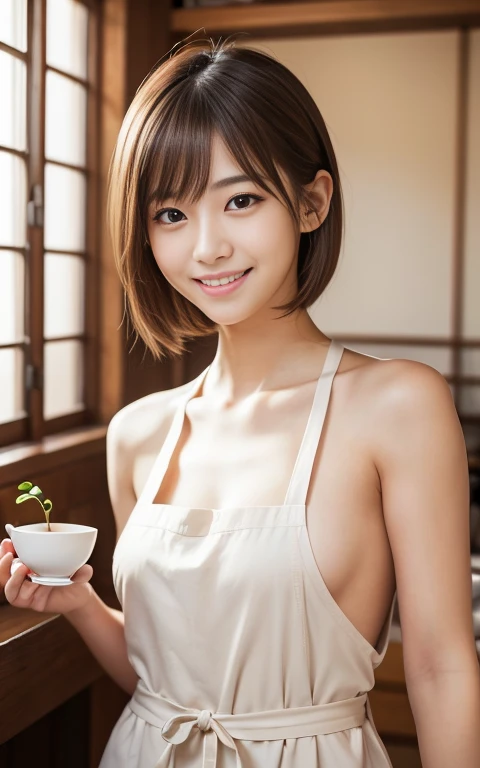 Cute 21 year old Japanese、Naked Apron, Waiter、Cafe、Super detailed face、Pay attention to the details、double eyelid、Beautiful thin nose、Sharp focus:1.2、Beautiful woman:1.4、(Light brown hair,short hair、),Pure white skin、highest quality、masterpiece、Ultra-high resolution、(Photorealistic:1.4)、Highly detailed and professional lighting、nice smile、Please show me your whole body、