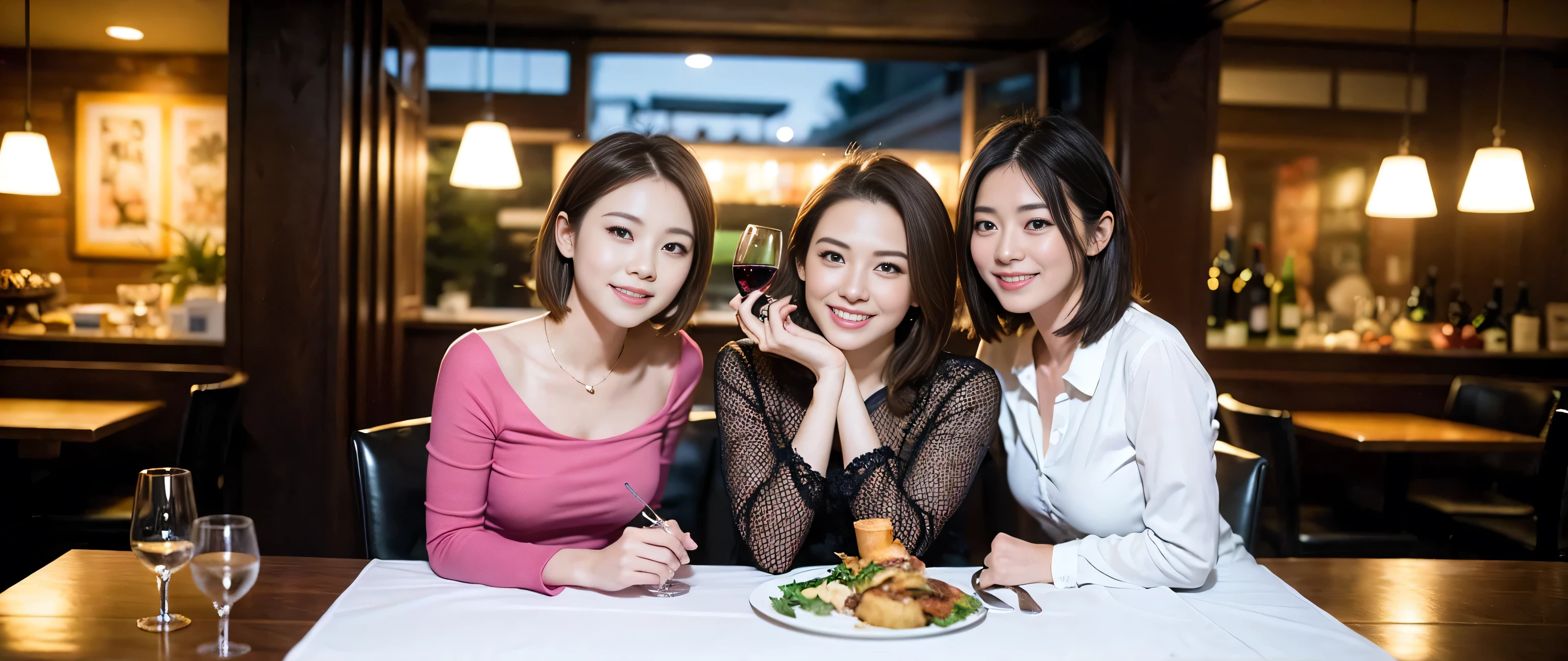 (highest quality、8k、masterpiece:1.3)、Beautiful woman with perfect figure:1.4、Dark brown hair、Wine Party 、2 people、Highly detailed face and skin、Fine grain、double eyelid、Wine glass on the table、Facial lighting、 Amazing view of the sunset sky and clouds、Amazing mountain views、A bright smile、A lovely woman with a smile、Bright image、 Beautiful Face, short hair, (Age 42), 39 years old, Lady、red wine 、Appetizers、Italian food、wine bottle、Champagne、sparkling wine、Two beauties、Brown Hair、Shortcuts、Long sleeve shirt、dress、Pretty Woman 1, (Slim face), (The body is slim), (Brown Hair), (Shortcuts), cheeks turn a little red,Attractive beauty、restaurant, In a prominent place (From the waist up) Nova Frog Style, actress, model, Upper Body, White wine, slim, wine glass, smile, (smile: 1.15), Beautiful fine grain, Depth f/2,saturation, High Contrast, Strong light and shadow,Moist Body:1.5、3D texture、Delicate eyes、Brown Hair、The hair is very shiny、