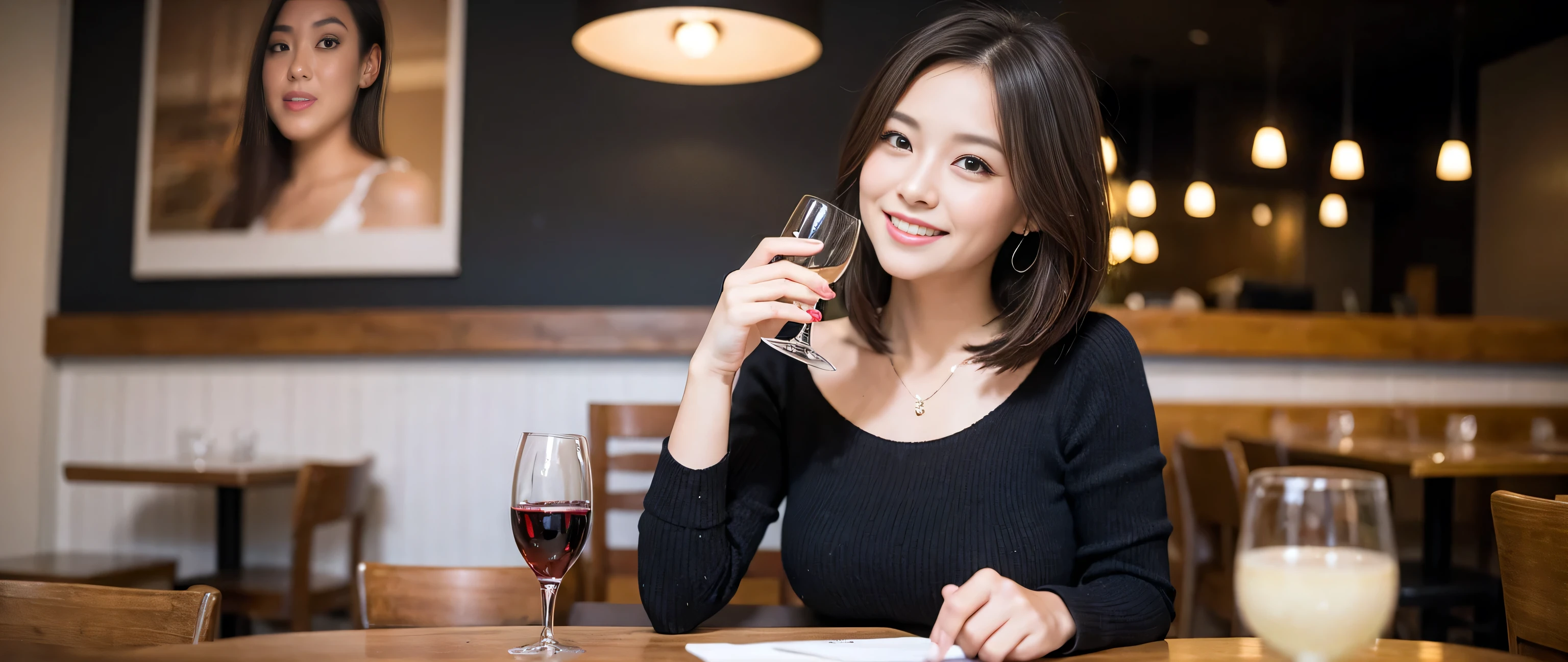 (highest quality、8k、masterpiece:1.3)、Beautiful woman with perfect figure:1.4、Dark brown hair、Wine Party 、2 people、Highly detailed face and skin、Fine grain、double eyelid、Wine glass on the table、Facial lighting、 Amazing view of the sunset sky and clouds、Amazing mountain views、A bright smile、A lovely woman with a smile、Bright image、 Beautiful Face, short hair, (Age 42), 39 years old, Lady、red wine 、Appetizers、Italian food、wine bottle、Champagne、sparkling wine、Two beauties、Brown Hair、Shortcuts、Long sleeve shirt、dress、Pretty Woman 1, (Slim face), (The body is slim), (Brown Hair), (Shortcuts), cheeks turn a little red,Attractive beauty、restaurant, In a prominent place (From the waist up) Nova Frog Style, actress, model, Upper Body, White wine, slim, wine glass, smile, (smile: 1.15), Beautiful fine grain, Depth f/2,saturation, High Contrast, Strong light and shadow,Moist Body:1.5、3D texture、Delicate eyes、Brown Hair、The hair is very shiny、