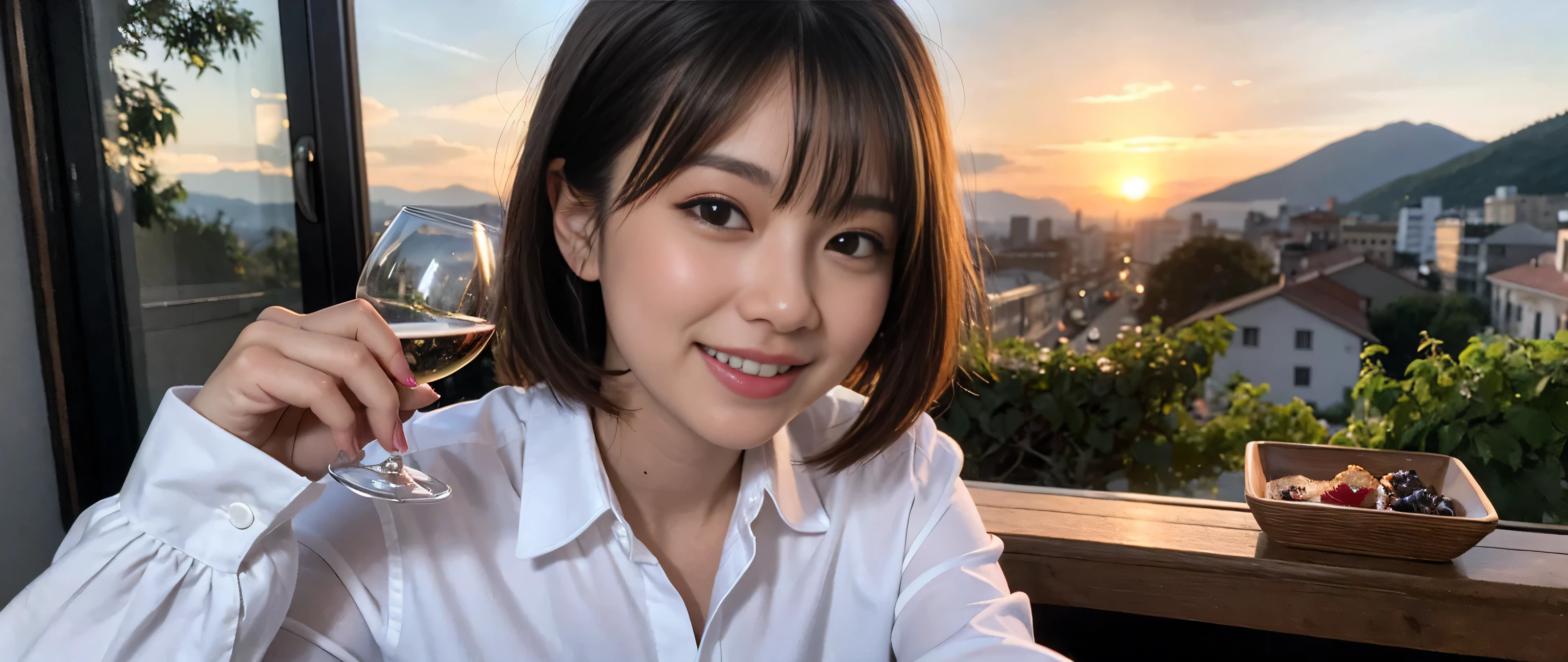 (highest quality、8k、masterpiece:1.3)、Beautiful woman with perfect figure:1.4、Dark brown hair、Wine Party 、2 people、Highly detailed face and skin、Fine grain、double eyelid、Wine glass on the table、Facial lighting、 Amazing view of the sunset sky and clouds、Amazing mountain views、A bright smile、A lovely woman with a smile、Bright image、 Beautiful Face, short hair, (Age 42), 39 years old, Lady、red wine 、Appetizers、Italian food、wine bottle、Champagne、sparkling wine、Two beauties、Brown Hair、Shortcuts、Long sleeve shirt、dress、Pretty Woman 1, (Slim face), (The body is slim), (Brown Hair), (Shortcuts), cheeks turn a little red,Attractive beauty、restaurant, In a prominent place (From the waist up) Nova Frog Style, actress, model, Upper Body, White wine, slim, wine glass, smile, (smile: 1.15), Beautiful fine grain, Depth f/2,saturation, High Contrast, Strong light and shadow,Moist Body:1.5、3D texture、Delicate eyes、Brown Hair、The hair is very shiny、