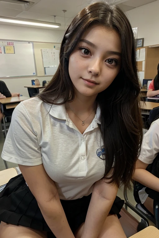 School classroom、Big droopy eyes with ponytail、Yawn、Big Tits Cleavage Japanese Short Sleeve、Student Uniform、Actual photo、Black tanned skin、 girl、、
