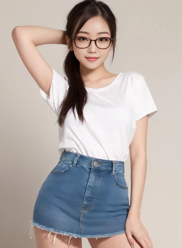 Japanese woman, 1girl, solo, sexy pose, short ponytail, low ponytail, bangs, light smile, red frame glasses, tank top, denim skirt, Surrealism, medium shot, From the knee up, UHD, masterpiece, accurate, textured skin, super detail, high details, high quality, simple background,