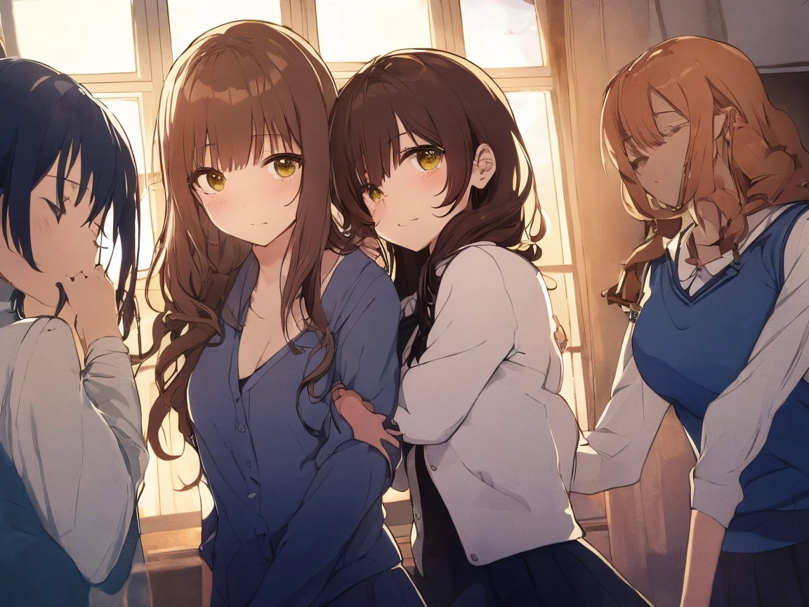 (highest qualityのイラスト:1.2), (cute girl:1.1), (1 girl, alone:1), (2 girls、************、、、small、cute、cute、small胸、 Very detailedな目:1.2)、(Yuri、kiss、Hug from behind、grab、eyes half closed、eye contact:1.Sweat、I was embraced、blush:1.1)、 break White Bra、ピンクのgood、Blue Bra、Green bra、Grey Bra、light Grey Bra、 Striped bra、水玉模様がgood、goodチェック柄、 cute、good、kids good、sporty、camisole、Cotton panties、School Skirt、Blake Black Hair、Blue Hair、Brown Hair、extra belly short hair、 short hair、Mid-length hair、Hair length、Wavy Hair、Curly Hair、Pale pink braids、Princess Cut、Bobcut、Twin tails、低いTwin tails、 ponytail、ライトブルーのローponytail、break(locker room:1.2)、(evening、evening、Orange sunlight:1.2)、 break(highest quality、Very detailed、Very detailed and beautiful 、超A high resolution、Arm details:1.2)、Browsing Caution　Beautiful Pool