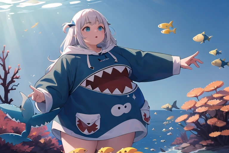 Obra de arte, melhor qualidade,1 garota, PesoChubby, batendo gigante, moletom azul, shark hood,deep mar,peixe,mar,jellypeixe,Recife de corais,