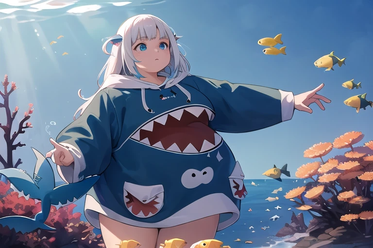 Obra de arte, melhor qualidade,1 garota, PesoChubby, batendo gigante, moletom azul, shark hood,deep mar,peixe,mar,jellypeixe,Recife de corais,