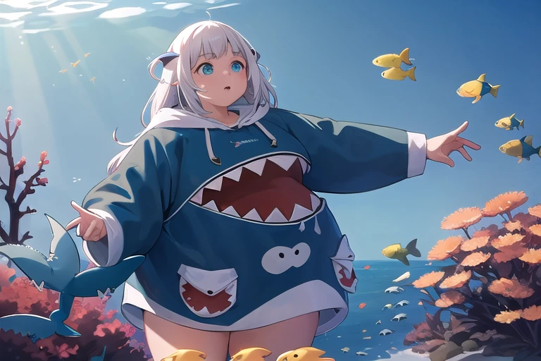 Obra de arte, melhor qualidade,1 garota, PesoChubby, batendo gigante, moletom azul, shark hood,deep mar,peixe,mar,jellypeixe,Recife de corais,