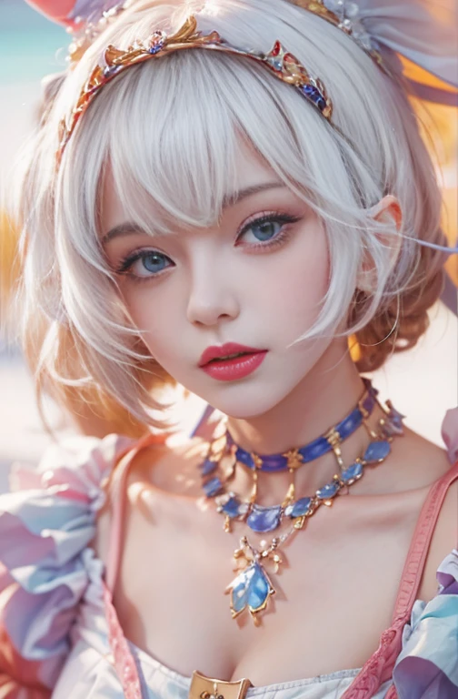 28 years old, Close-up portrait of a woman in a colorful clown costume、Shoulders out、thin、Serious expression、Short-haired、Deadly position, Gorgeous Necklace, Light milky porcelain skin, Smooth, Translucent white skin, Enchanting anime girl, Beautiful and seductive anime woman, Ultra realistic sweet bunny girl, Pale porcelain white skin, Smooth, Realistic and perfect body, Anime Girl Cosplay, Perfect body with realistic shadows, Switzerland'masterpiece