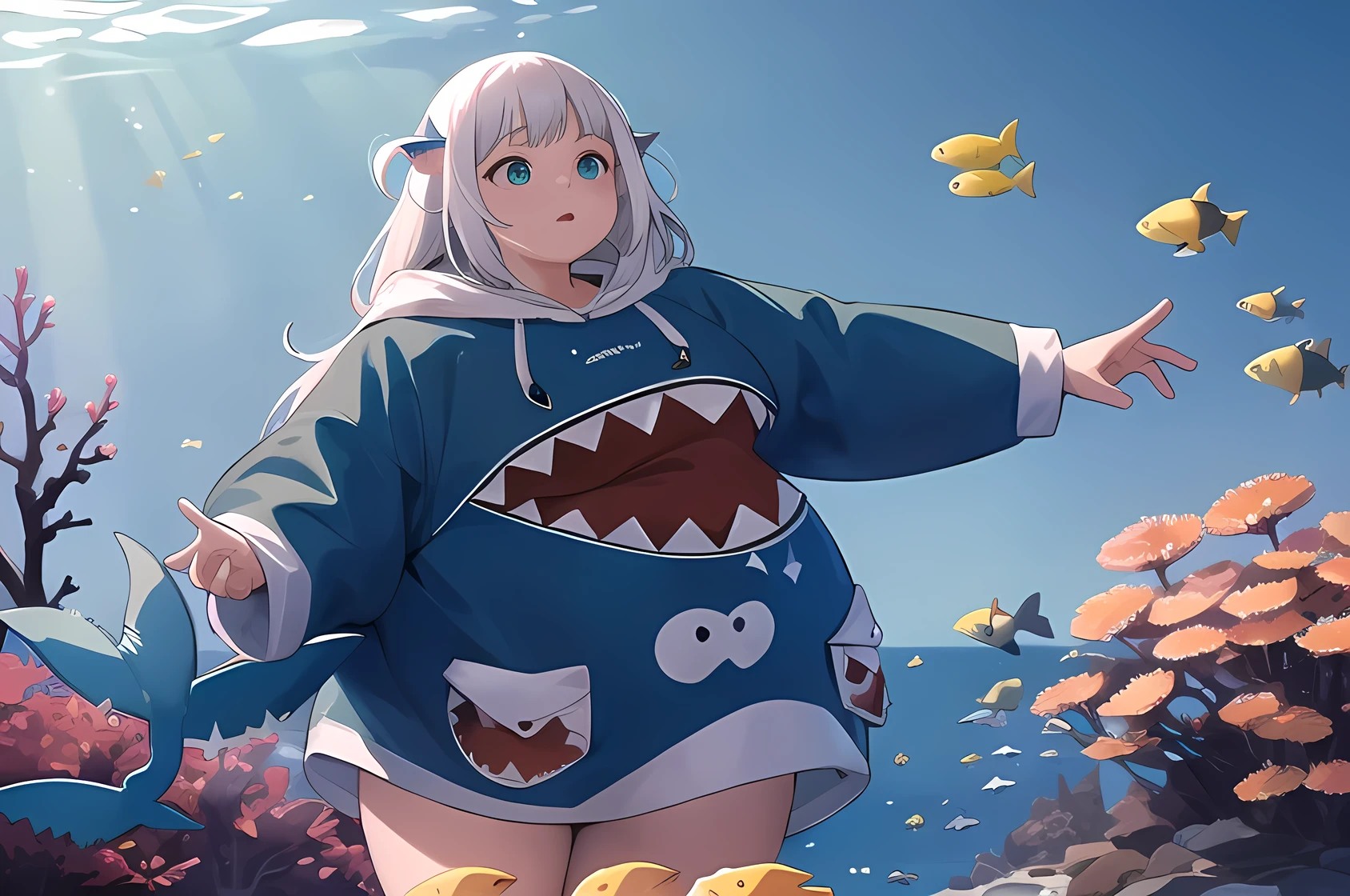Obra de arte, melhor qualidade,1 garota, PesoChubby, batendo gigante, moletom azul, shark hood,deep mar,peixe,mar,jellypeixe,Recife de corais,