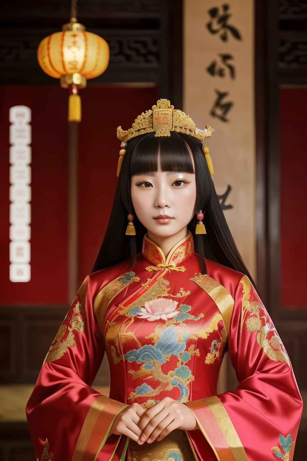 China, 1491. A young ((Zhang Empress)), in a luxurious palace, ((((chinese royal clothings from the 1490s)))), ((hairstyle of the 1490s)), ((colorful, luminous))