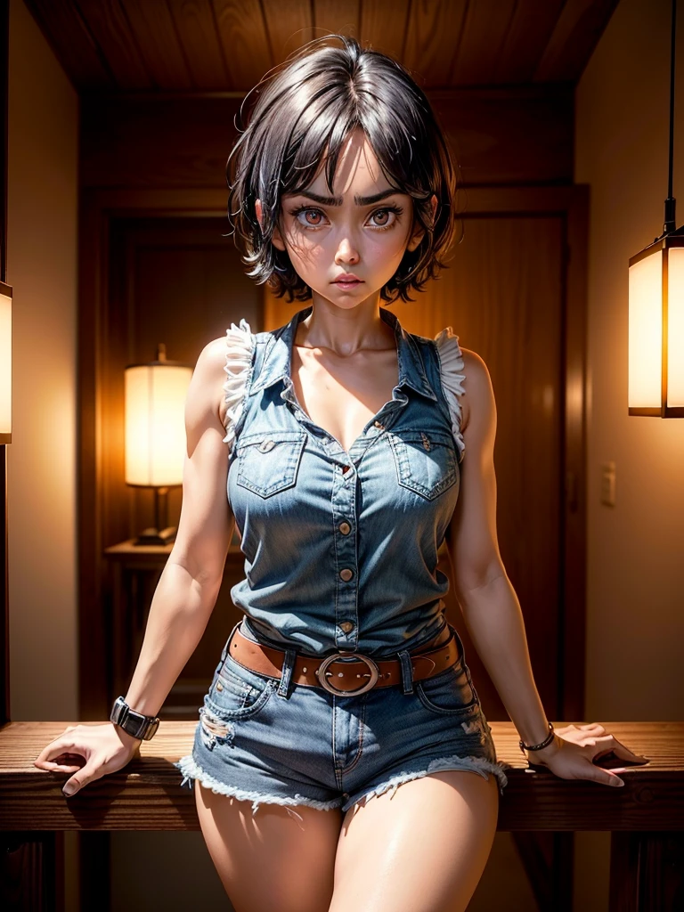 ((One Woman, 27 years old)),(( alone:1.5)),Black Short Hair,((Watches on both wrists:1.2)),((White fringed sleeveless shirt:1.2)),(Super denim hot pants:1.3),(Tea belt:1.2),((Sad face:1.2)),((Big eyes:1.2)), ((Open your mouth:1.2)),,Night Light, 8k, masterpiece:1.2, Very detailed, Realistic:1.37, Full HD, Background of Japanese-style room at night,Cowboy photographed from the front,Are standing