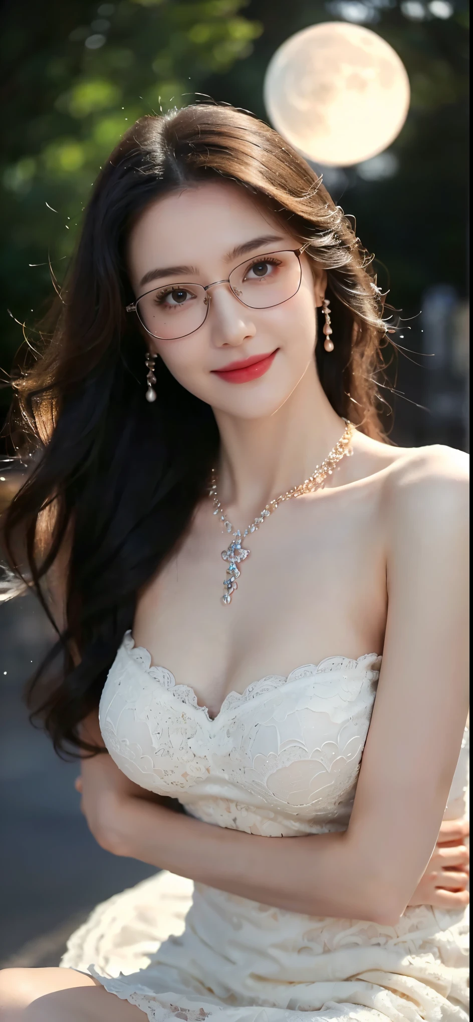 (Canon RF85mm f/1.2), (8K, RAW photos, best quality), (masterpiece), (Practical, photograph Practical), (Extremely detailed, High Detail, Best image quality, Super detailed, high resolution, Very detailed, Extremely detailed的描述, Super Fine, Extremely exquisite and beautiful work), Beautiful and delicate girl, Solo Girl, ((Perfect body)), Very detailed eyes and face, White skin, Noble beauty, ((Delicate skin texture, Pores)), Perfect anatomical structure, Delicate and beautiful body, Delicate face, Slim abs, Slim waist), Big buttocks, (Large Breasts, Breast enlargement), (cleveage), (Affectionate gaze, soulful eyes, Glowing eyes), (beautiful and clear eyes), (Bounce Curly Messy Long Hair), (Smile:1.2), (Fascinated expression), (Attractive appearance), ((Low-cut，Wedding dress，No slings，Show your shoulders)), ((Tight Fit)), ((Lace stockings)), ((wear glasses)), earrings, necklace, ((night)), ((Street view, moonlight)), Physically Based Rendering, Realistic lighting, (((Upper Body))), ((looking at the audience)), ((permanent)), ((Happy and shy))