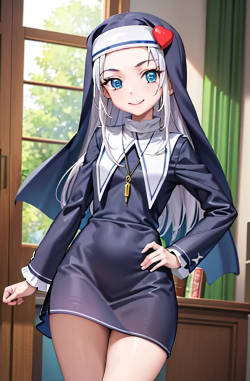 (best quality:1.1), (masterpiece:1.4), (absurdres:1.0), portrait, close-up, 1girl, takayama maria, silver hair, Dada Besar, blue eyes, long hair, nun, looking at viewer, smile, Clothes Look Wet