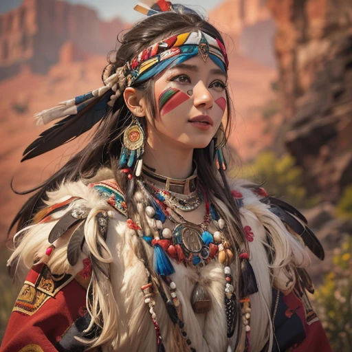In the Grand Canyon、Hair flow、 ((highest quality、masterpiece、8k、Best image quality、Ultra-high resolution、Award-winning works)、(Accurate anatomy:1.1)、(Look at me and smile:1.1)、Shining fair skin with Ultra-high resolution、The most detailed face、Ultra-high resolution detailed face、Ultra-high resolutionの髪の毛、(Ultra-high resolutionの煌めく瞳:1.1)、Beautiful face drawn in every detail、(Blurred Background:1.1)、Native American costume, American Indian clothing, Chest to chest, tattoo、A real giant condor next to you。