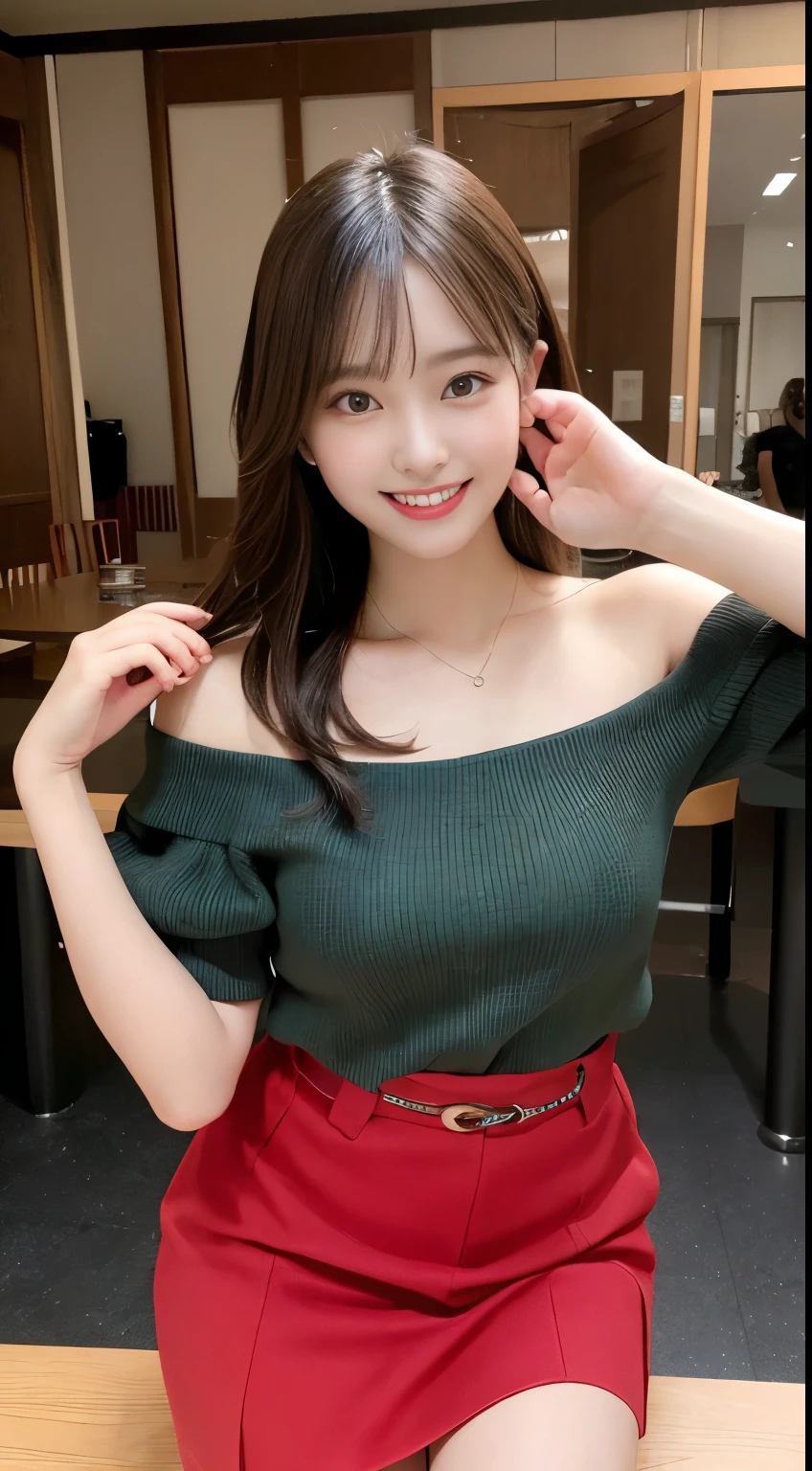 Tabletop, highest quality, figure, Super detailed, In detail, High resolution, 8k wallpaper, Perfect dynamic composition, Beautiful fine details,Shrine maiden hair, (A cute girl whose double teeth are visible when she smiles), Natural color lip, Random and cute poses,smile,Off-the-shoulder mini skirt,Perfect and beautiful face,Slender body,Narrow Face