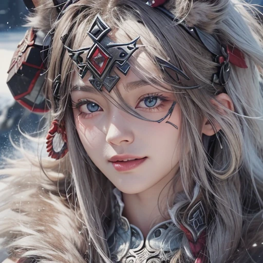 Lakeside surrounded by snowy mountains、Hair flow、 ((highest quality、masterpiece、8k、Best image quality、Ultra-high resolution、Award-winning works)、(Accurate anatomy:1.1)、(Look at me and smile:1.1)、Shining fair skin with Ultra-high resolution、The most detailed face、Ultra-high resolution detailed face、Ultra-high resolutionの髪の毛、(Ultra-high resolutionの煌めく瞳:1.1)、Beautiful face drawn in every detail、Ancient Viking clothing, Chest to chest, tattoo, A real wolf is by your side