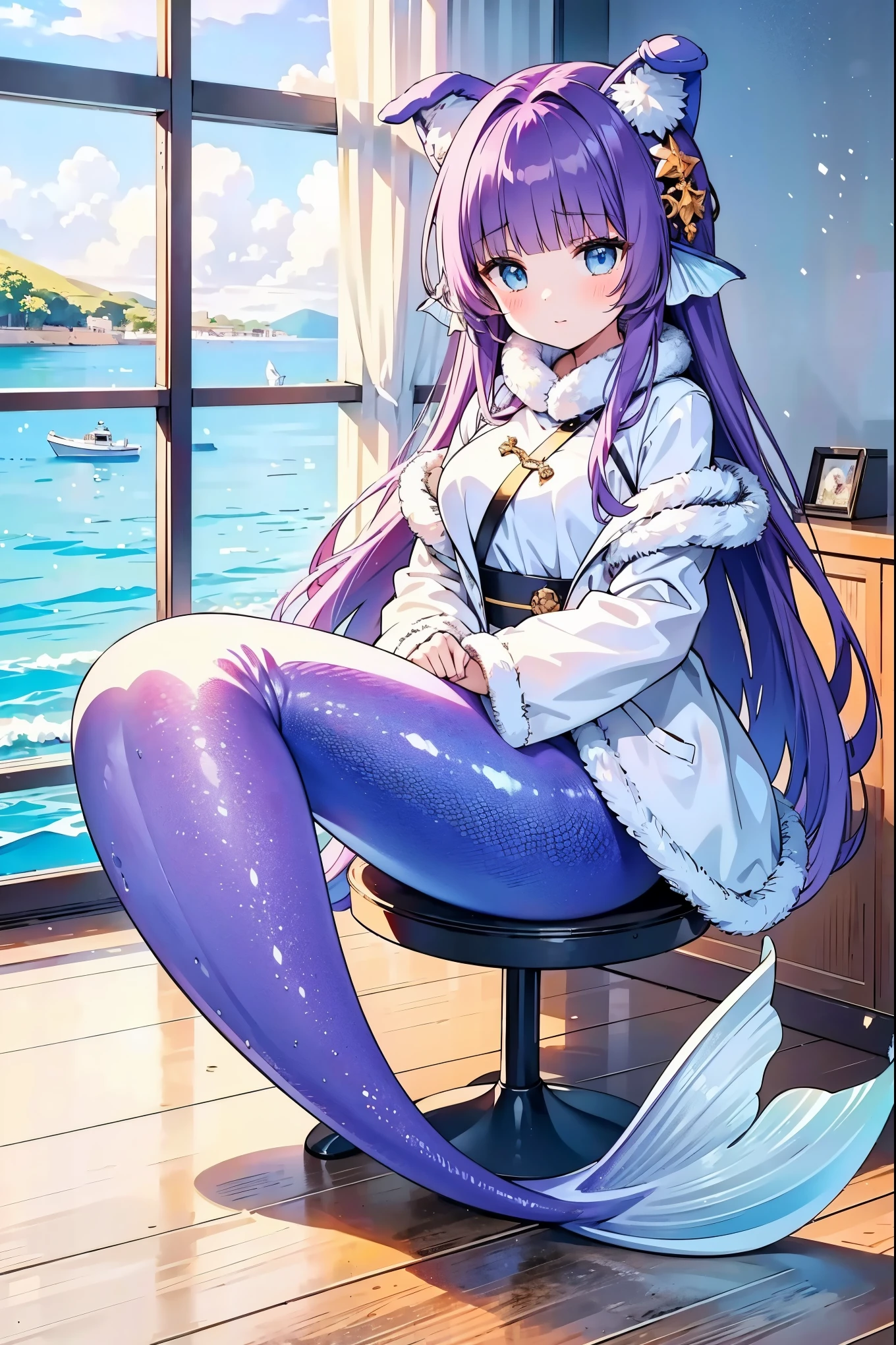 masterpiece, best quality,A girl,Large Breasts,Hair accessories,White sweater,White coat,Fur trim,Winter Clothing,Long sleeve,Fake animal ears,Mermaid,紫色的Mermaid尾巴,Tashkent,Purple Hair,blue eyes,long hair,Bangs,full-body shot,bedroom,desk,sit on the chair,sea view outside the window