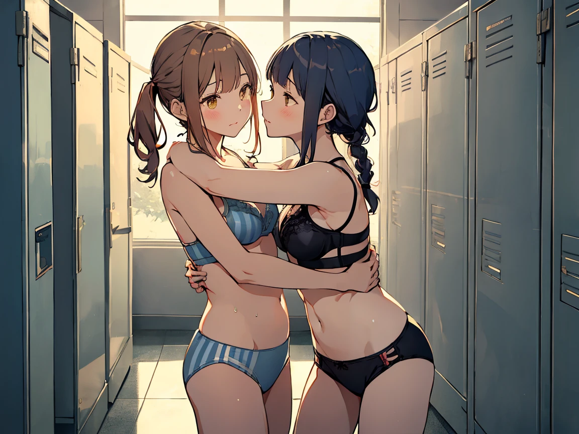 (highest qualityのイラスト:1.2), (cute girl:1.1), (1 girl, alone:1), (2 girls、、、、small、cute、cute、small胸、 Very detailedな目:1.2)、(Yuri、kiss、Hug from behind、grab、eyes half closed、eye contact:1.Sweat、I was embraced、blush:1.1)、 break White Bra、ピンクのgood、Blue Bra、Green bra、Grey Bra、light Grey Bra、 Striped bra、水玉模様がgood、goodチェック柄、 cute、good、kids good、sporty、camisole、Cotton panties、School Skirt、Blake Black Hair、Blue Hair、Brown Hair、extra belly short hair、 short hair、Mid-length hair、Hair length、Wavy Hair、Curly Hair、Pale pink braids、Princess Cut、Bobcut、Twin tails、低いTwin tails、 ponytail、ライトブルーのローponytail、break(locker room:1.2)、(evening、evening、Orange sunlight:1.2)、 break(highest quality、Very detailed、Very detailed and beautiful 、超A high resolution、Arm details:1.2)、Browsing Caution Beautiful Pool