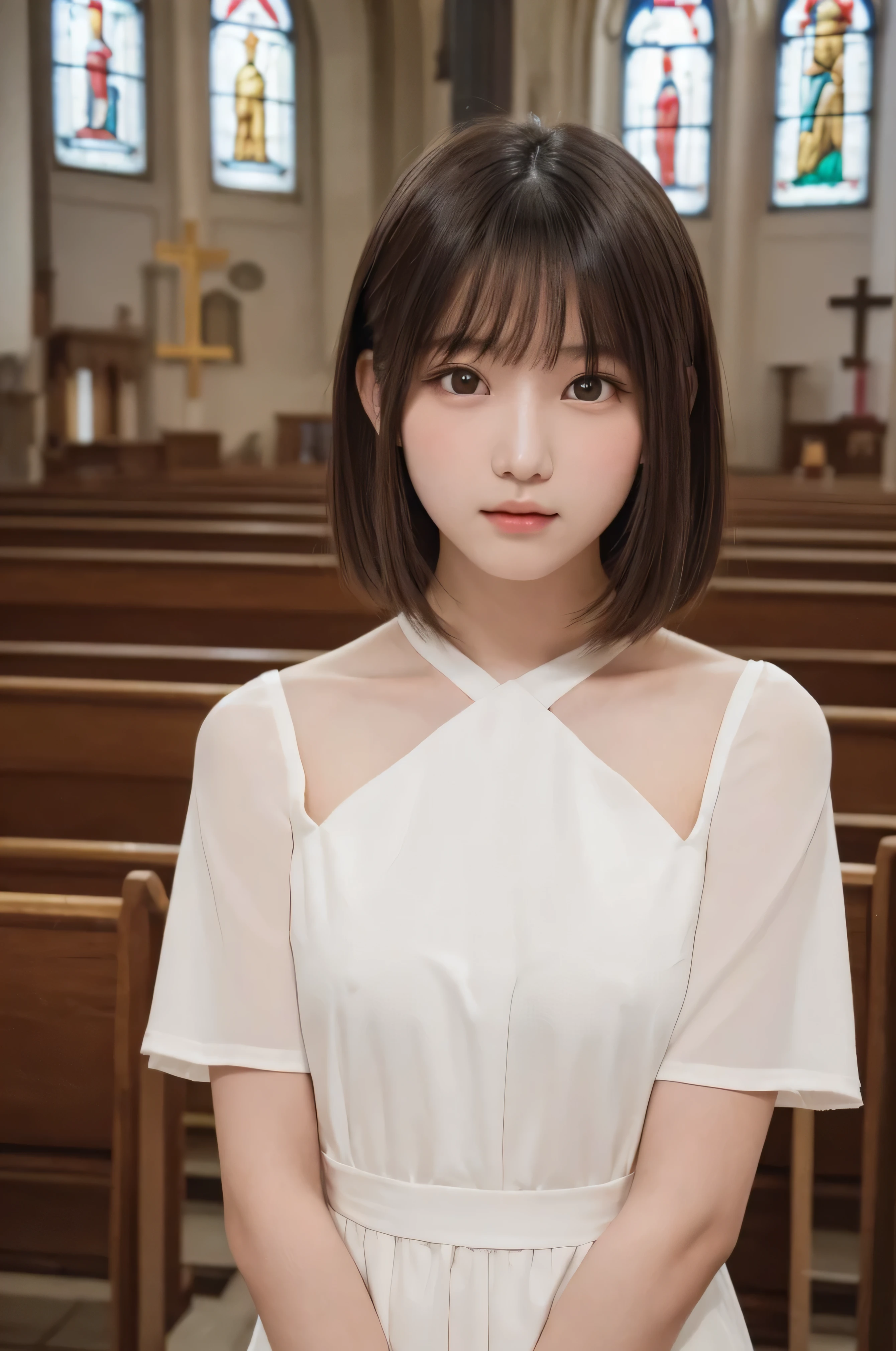 masterpiece, highest quality, One Girl, (Beautiful girl, Delicate girl:1.3), (15 years old:1.3), Very fine grain definition, (Symmetrical eyes:1.3), (Inside the church, younger sister, Pray to God:1.3), Small breasts, Brown eyes, Parted bangs, Black Hair