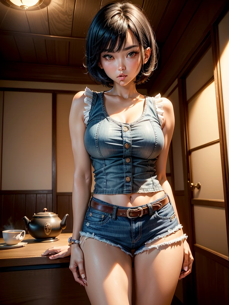 ((One Woman, 27 years old)),(( alone:1.5)),Black Short Hair,((Watches on both wrists:1.2)),((White fringed sleeveless shirt:1.2)),(Super denim hot pants:1.3),(Tea belt:1.2),((Alluring face:1.2)),((Big eyes:1.0)), ((Open your mouth:1.2)),,Night Light, 8k, masterpiece:1.2, Very detailed, Realistic:1.37, Full HD, Background of Japanese-style room at night,Cowboy photographed from the front,Are standing