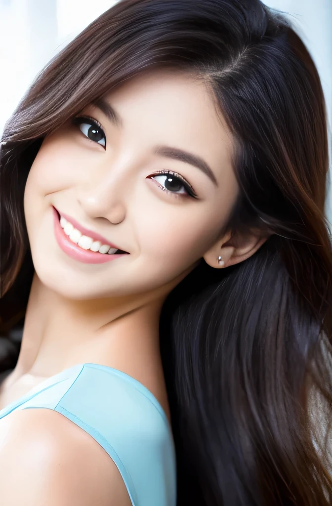 Beautiful woman with perfect eyes and nose、Model-like beauty、Cute like a model、Double Eyes、How to use regular mascara、Eye color is blue、Her hair color is pink.、Her face is delicate and elegant.、4K images、Beautiful style like a model、Usually large、A fresh and lovely smile、Pose like a model、Overall image、snap shot、Glamouroid Smile、Beautiful and delicate face like a model、highest quality、Masseter muscle area、Beautiful smile、In a bright room、I'She is sitting on the bed wearing a pink mini skirt.、The best of femininity、Adult smile、Sexy pose、