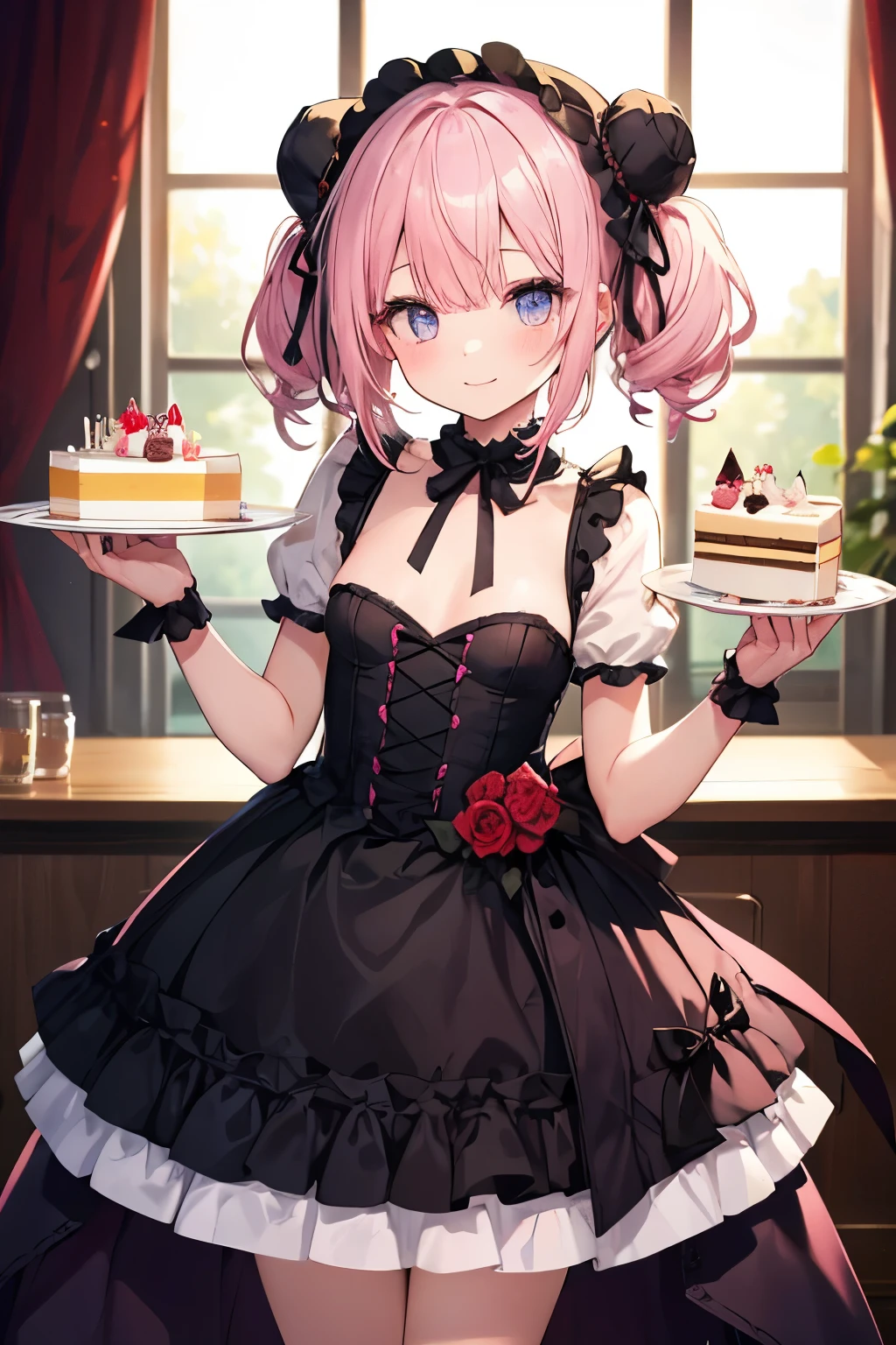 Pink Hair、ピンク目girl、Small breasts、Bun Hair、girl、Small breasts、ta、Bright smile、Looks about 15 yan Musume、Short、目のhighlight、Sexy thighs、Have a cake、Rose Gothic Lolita Dress Cos、Your eyes are so beautiful、highlight
