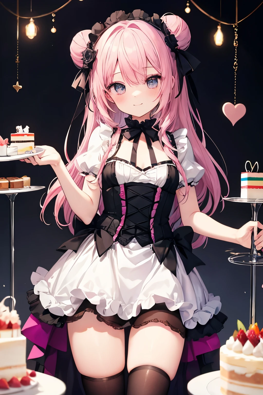 Pink Hair、ピンク目girl、Small breasts、Bun Hair、girl、Small breasts、Lolita、Bright smile、Looks about 15 years old、Petan Musume、Short、目のhighlight、Sexy thighs、Have a cake、Rose Gothic Lolita Dress Costume、Your eyes are so beautiful、highlight