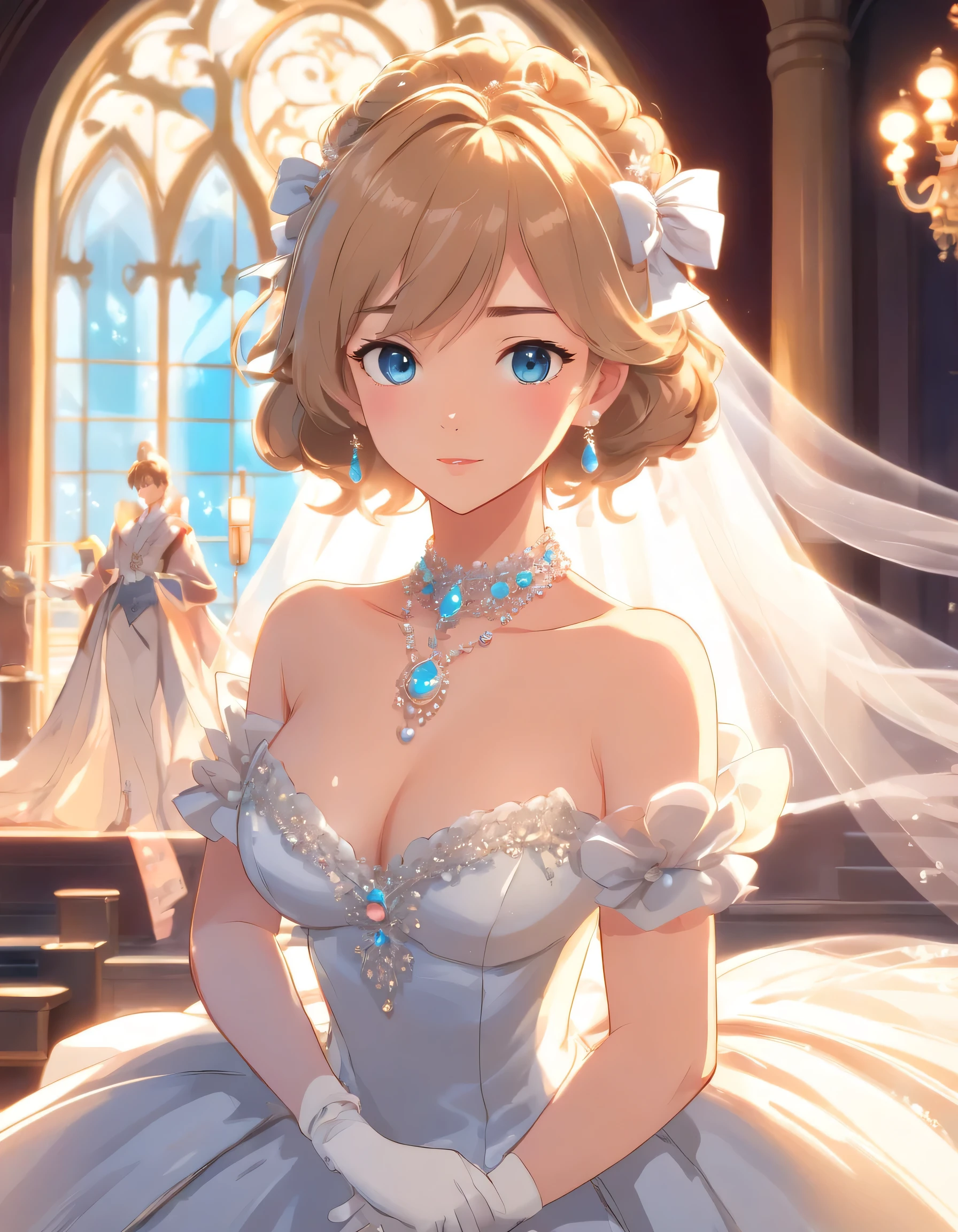 Best quality, Masterpiece, a stunningly beautiful Greer Grammer as a royal bride wearing a stately and elaborate royal wedding dress of white satin and tulle adorned with huge ribbon bows, lace, frills, flounces, embroidery and jewels, with enormous puffed sleeves, an hourglass waist and a voluminous crinoline hoopskirt, bustle, and train, long white gloves, pearl necklace and earrings, elaborately curled and styled hair