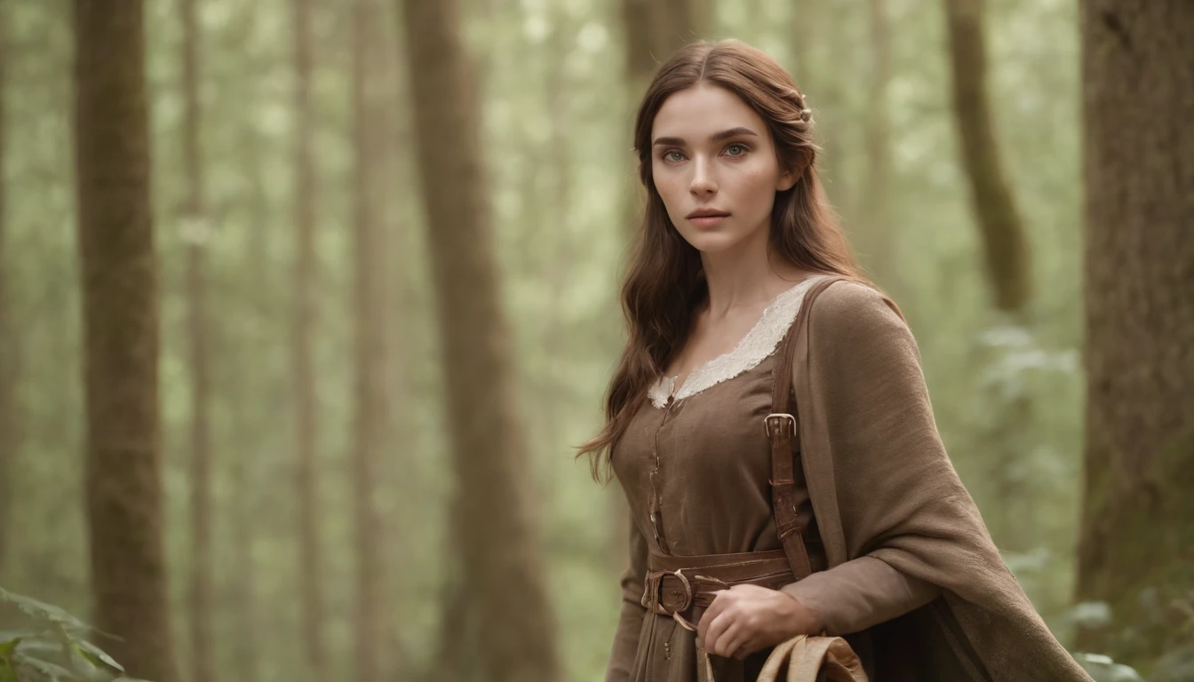 Elf Girl, Long brown hair, Brown eyes, freckles, Brown clothes in the forest, whole body, Her entire body is depicted, and she is feeling the wind. She is carrying a staff and luggage. She is on a journey.