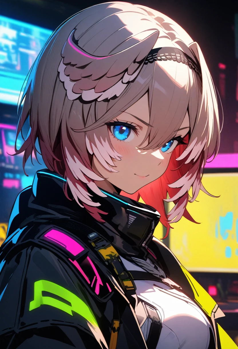 8K resolution, (highest quality), (masterpiece), 1girl,takane lui,hololive , cyberpunk style in black, white, grey and neon colors, energy-filled illustrations with dynamic brushstrokes in the style of a storybook illustration