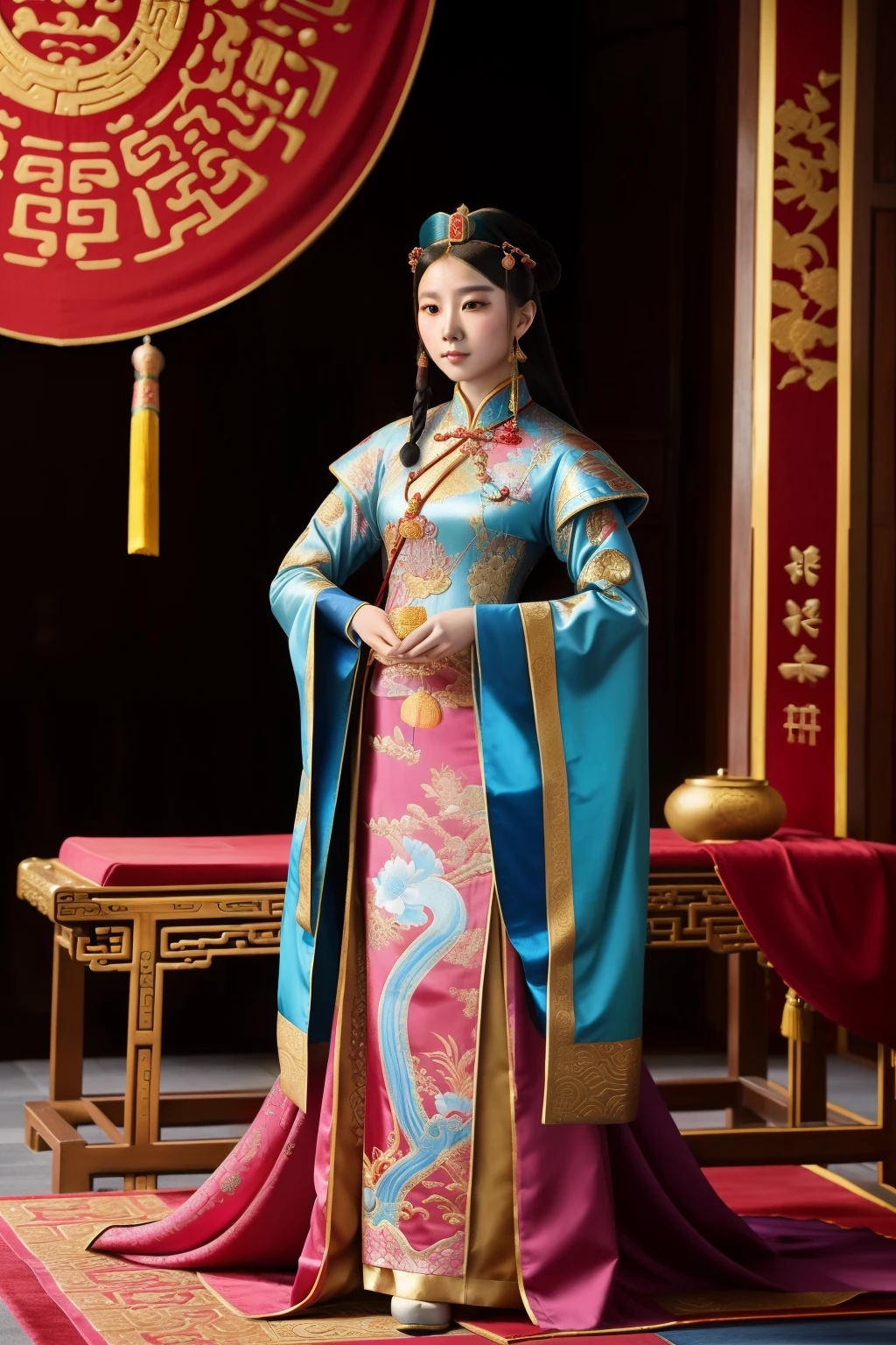 China, 1491. A young ((Zhang Empress)), in a luxurious palace, ((((chinese royal clothings from the 1490s)))), ((hairstyle of the 1490s)), ((colorful, luminous))
