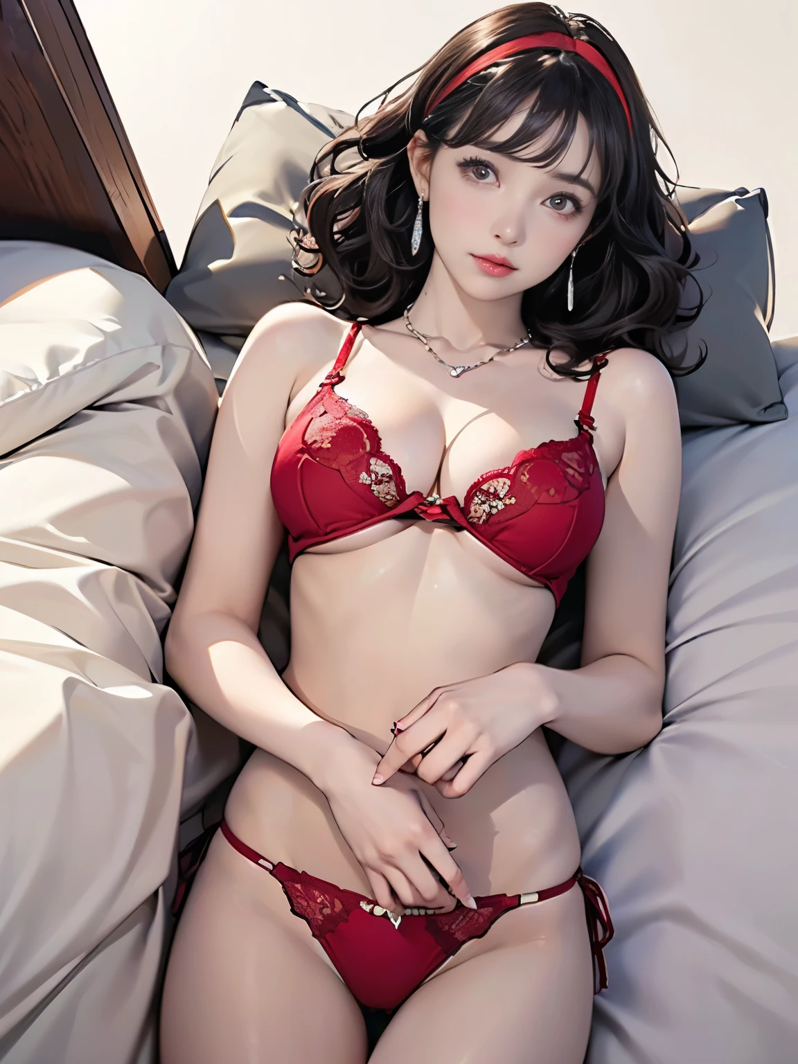 ((((highest quality))))、(((Ultra-precision CG16K wallpaper)))、(((masterpiece)))、(((Super detailed)))、(((Extreme detail)))、((１Mature 29 year old woman:1.6))、((Very beautiful Japanese faces))、((Zuo々Nozomi:1.5))、((Soft Wave Medium Hair、blunt bangs:1.5))、(Shiny brown hair)、Beautiful delicate eyes、Brown Eyes、eyeliner、Eyeshadow、High nose、Small nostrils、Small Mouth、 lips、Beautiful breasts、((C cup size breasts))、Cleavage、Beautiful feet、eight-headed body、Perfect proportions、Perfect 、Perfect composition、Beautiful detailed shading、Beautiful, natural lighting、Beautiful detail glow、Depth of written boundary、(((High chroma)))、(((Real:1.9)))、((vivid:1.5))、((Beautiful Skin))、((Skin Texture))、((Realな皮膚感))、(((Cowboy Shot:1.6)))、((Aerial view angle:1.6))、(((Surprised face with mouth open:1.6)))、((The woman is looking at this、looking at viewer:1.6))、Bright daylight、Natural light、(((Bedroom:1.5)))、(Spread-legged lying pose:1.6)、(((Wine red lace bikini :1.6)))、((Wide Hair Band、Earrings、Wearing a necklace:1.5))、(((A woman is sleeping in bed with her eyes open:1.8)))、(((A woman is  legs spread:1.6)))、