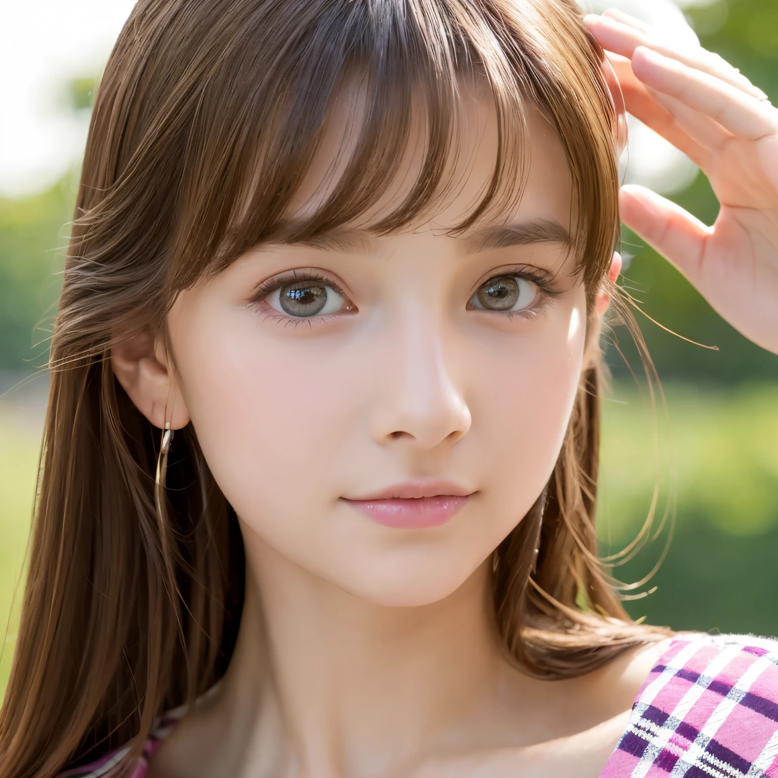one girl, (a beauty girl, delicate girl:1.3), (:1.3),
break, (pink plaid casual dress:1.3),
break, extremely fine-grained clarity, (symmetrical eyes:1.3),
break, (lush park:1.3),
break, small breasts, brown eyes, parted bangs, brown hair, girl,
break, (Eye and face details:1.0),
break, (masterpiece, highest quality, super detailed, detailed face, 8k)
