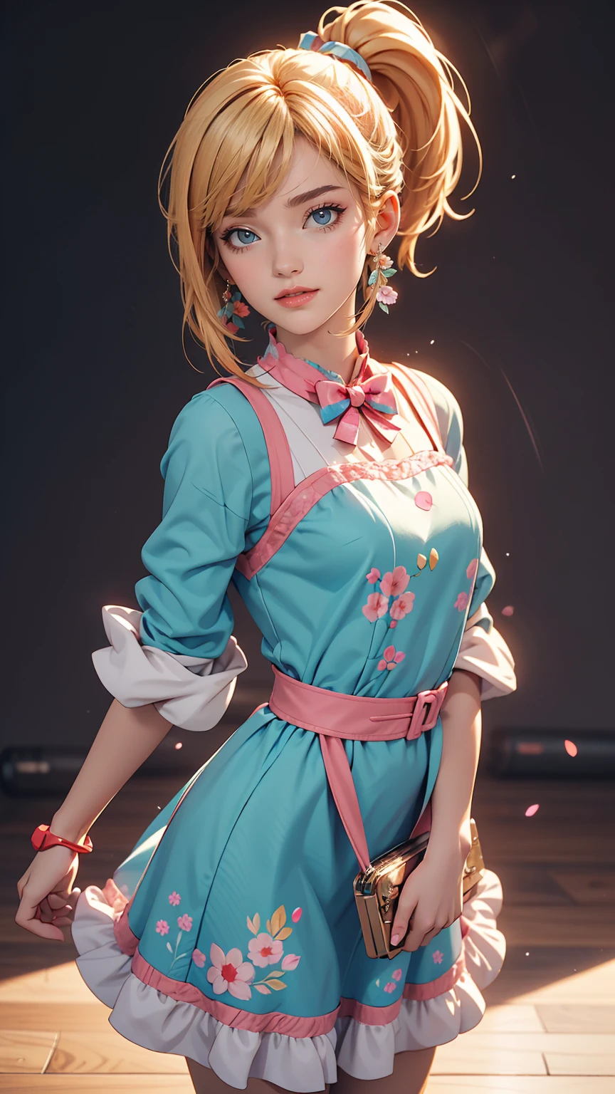 Drawing of a girl in a ponytail and dress, cute 3d rendering, cute detailed digital art, mini cute girl, cute digital painting, 3D rendering style, cute digital art, cute rendering 3d anime girl, Small Curvy , cute! c4d, One character's whole body, Standing on a white pedestal