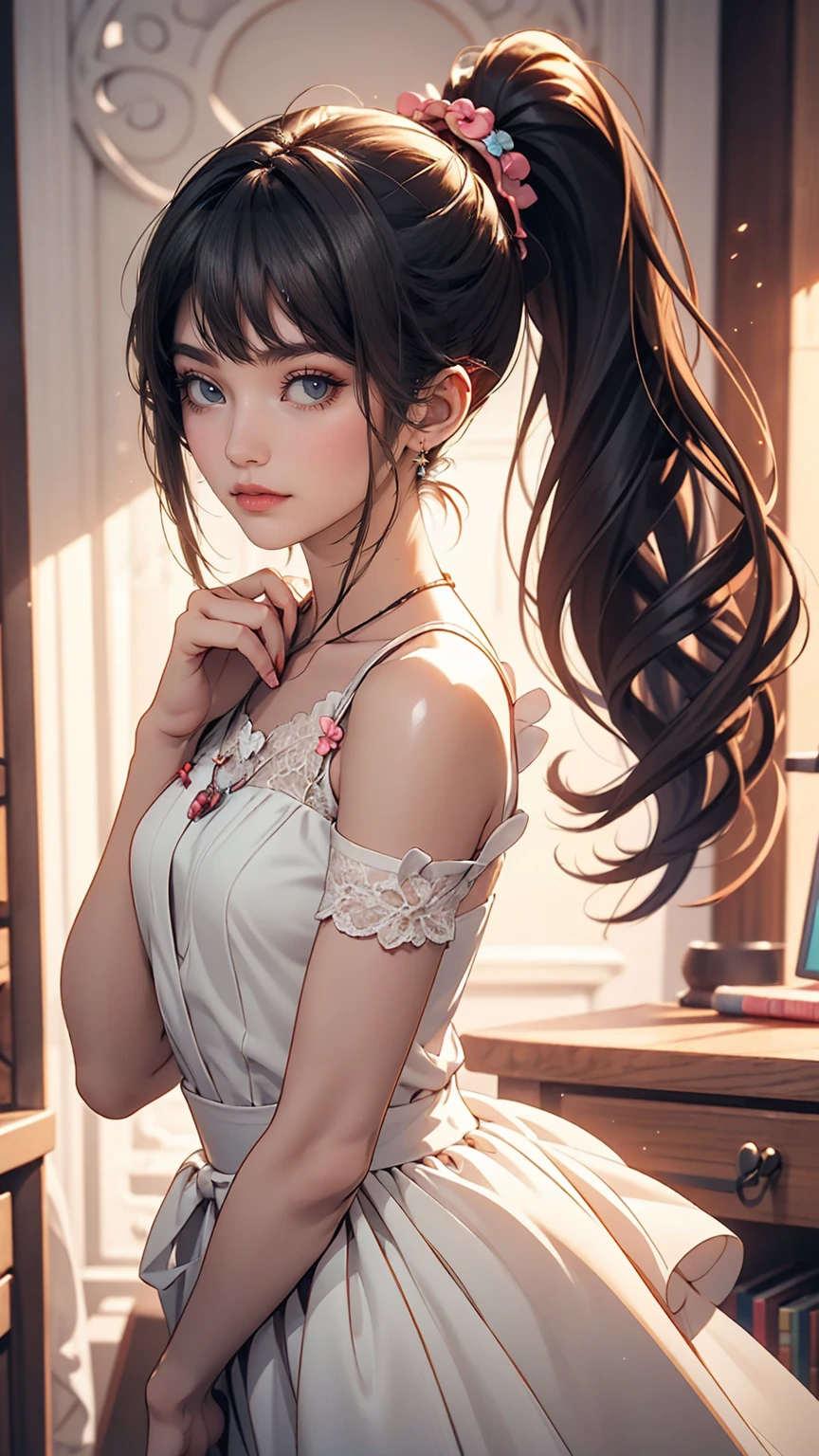 Drawing of a girl in a ponytail and dress, cute 3d rendering, cute detailed digital art, mini cute girl, cute digital painting, 3D rendering style, cute digital art, cute rendering 3d anime girl, Small Curvy , cute! c4d, One character's whole body, Standing on a white pedestal