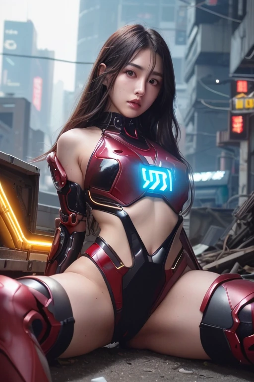 8k、RAW Photos、highest quality、Genuine、Realistic、Professional Lighting、(Digital Cyberpunk Art)、Beautiful age Woman、1 female、Big and beautiful eyeedium chest、Black long hair、(LED-illuminated suit)、((Wears a shiny red mechanical powered suit))、(Abandoned cyberpunk city)、 (spread legs)