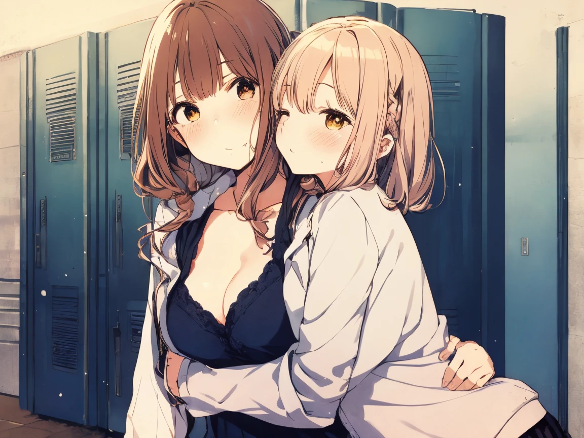 (highest qualityのイラスト:1.2), (cute girl:1.1), (1 girl, alone:1), (2 girls、************、、、small、cute、cute、small胸、 Very detailedな目:1.2)、(Yuri、kiss、Hug from behind、grab、eyes half closed、eye contact:1.Sweat、I was embraced、blush:1.1)、 break White Bra、ピンクのgood、Blue Bra、Green bra、Grey Bra、light Grey Bra、 Striped bra、水玉模様がgood、goodチェック柄、 cute、good、kids good、sporty、camisole、Cotton panties、School Skirt、Blake Black Hair、Blue Hair、Brown Hair、extra belly short hair、 short hair、Mid-length hair、Hair length、Wavy Hair、Curly Hair、Pale pink braids、Princess Cut、Bobcut、Twin tails、低いTwin tails、 ponytail、ライトブルーのローponytail、break(locker room:1.2)、(evening、evening、Orange sunlight:1.2)、 break(highest quality、Very detailed、Very detailed and beautiful 、超A high resolution、Arm details:1.2)、Browsing Caution　Beautiful Pool