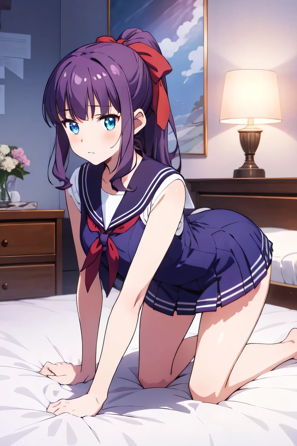 Confused, High resolution, (Official Art, beautiful), Very detailed, takimoto hifumi, Long Hair, blue eyes, ponytail, Purple Hair, Hair Ribbon, Sailor suit, Bloomer is visible, Embarrassing, Glowing effect, On all fours in bed,  Turn around and look here