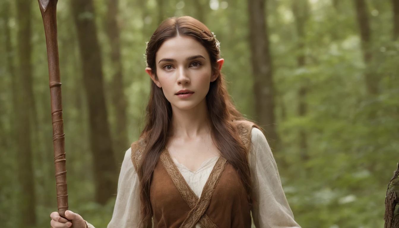 Elf Girl, Long brown hair, Brown eyes, freckles, Brown clothes in the forest, whole body, Her entire body is depicted, and she is feeling the wind. She is carrying a staff and luggage. She is on a journey. She is an elf with slightly more pointed ears.