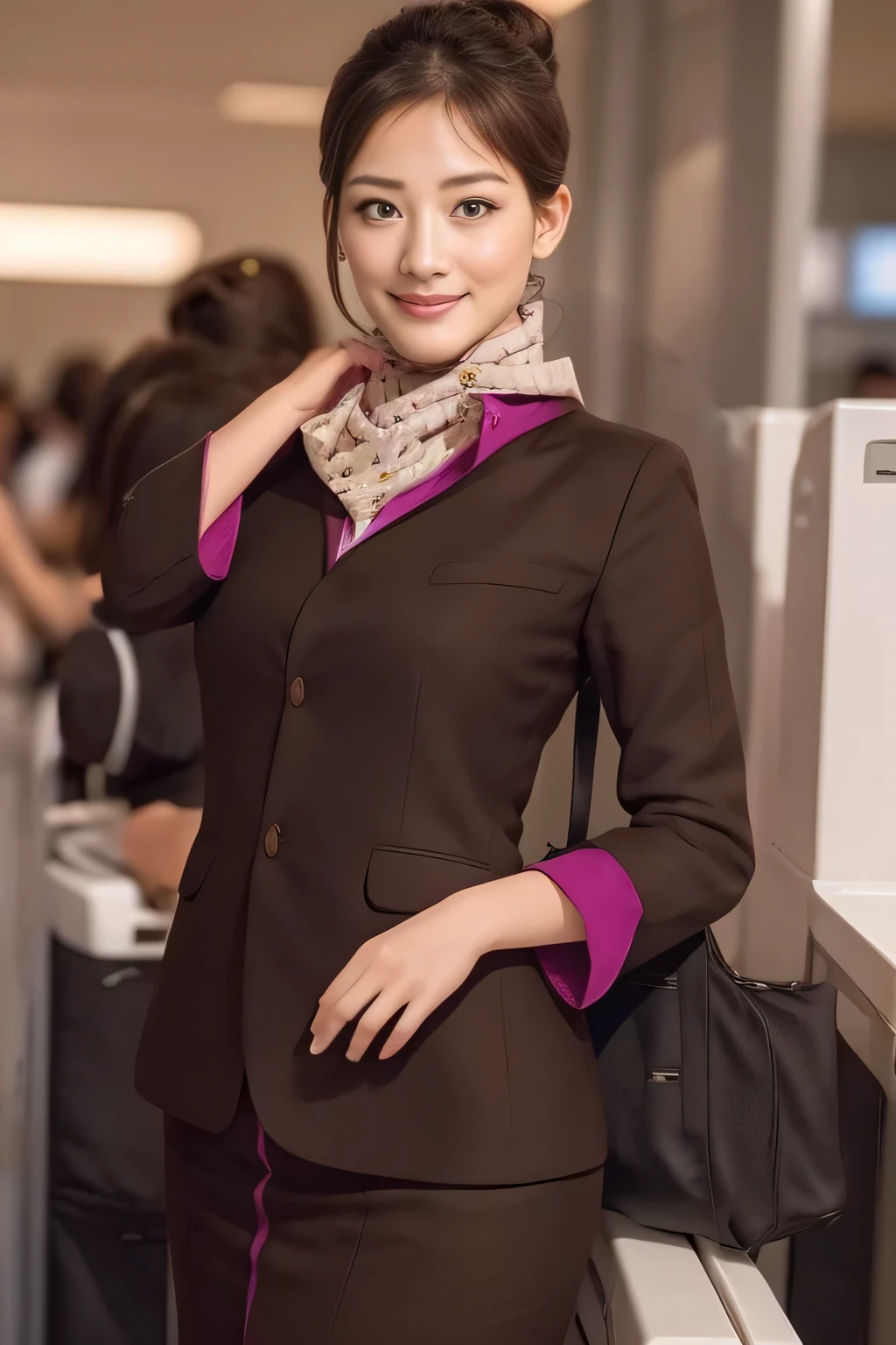 (masterpiece:1.2、highest quality:1.2)、32K HDR、High resolution、(alone、1 girl、Slim figure)、(A realistic reproduction of the ETIHAD Airways Cabincrew Uniform)、 (At the airport counter, Professional Lighting)、Airport counter wall background、A proper woman, Beautiful Face,、(Long sleeve ETIHAD Airways Cabincrew Uniform)、(ETIHAD Airways Cabincrew Uniform skirt with purple stripe on the front)、(scarf on chest)、Big Breasts、(Long Hair Up、Hair Bun)、Dark brown hair、Long Shot、((Great hands:2.0))、((Harmonious body proportions:1.5))、((Normal limbs:2.0))、((Normal finger:2.0))、((Delicate eyes:2.0))、((Normal eyes:2.0)))、Beautiful standing posture、smile、Place your hands around your stomach