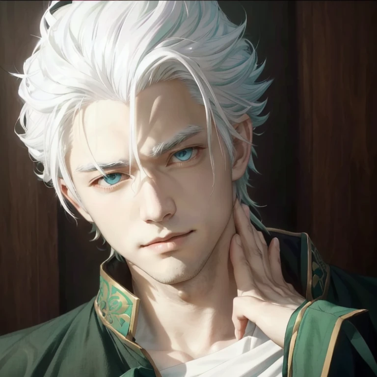 Handsome man with white hair and blue eyes in a green outfit, nagito komaeda, handsome guy in demon slayer art, male, white haired, white-haired, Left hand holds left neck, head tilted to the right.